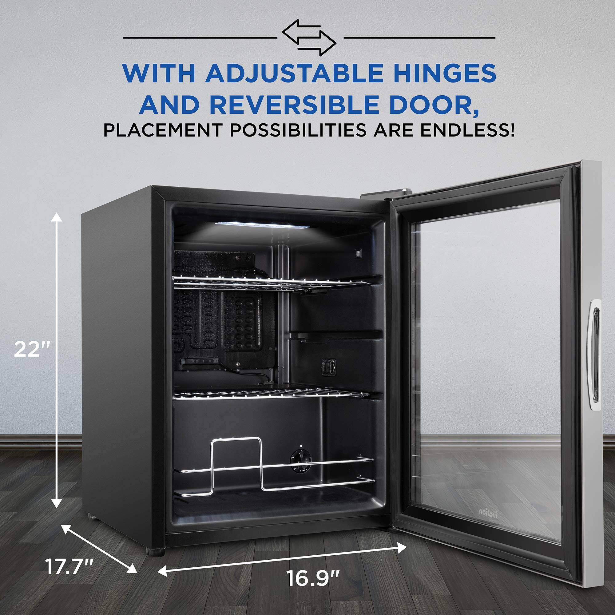 WITH ADJUSTABLE HINGES AND REVERSIBLE DOOR, PLACEMENT POSSIBILITIES ARE ENDLESS!

22"  
17.7"  
16.9"