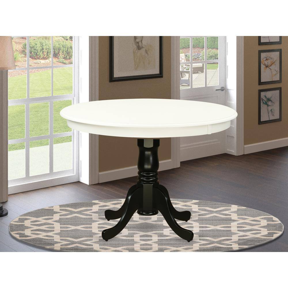 Angle. East West Furniture - East West Furniture HLT-LBK-TP Hartland Modern Kitchen Round Dining Table with Pedestal Base, Linen White & Black - Linen White & Black.