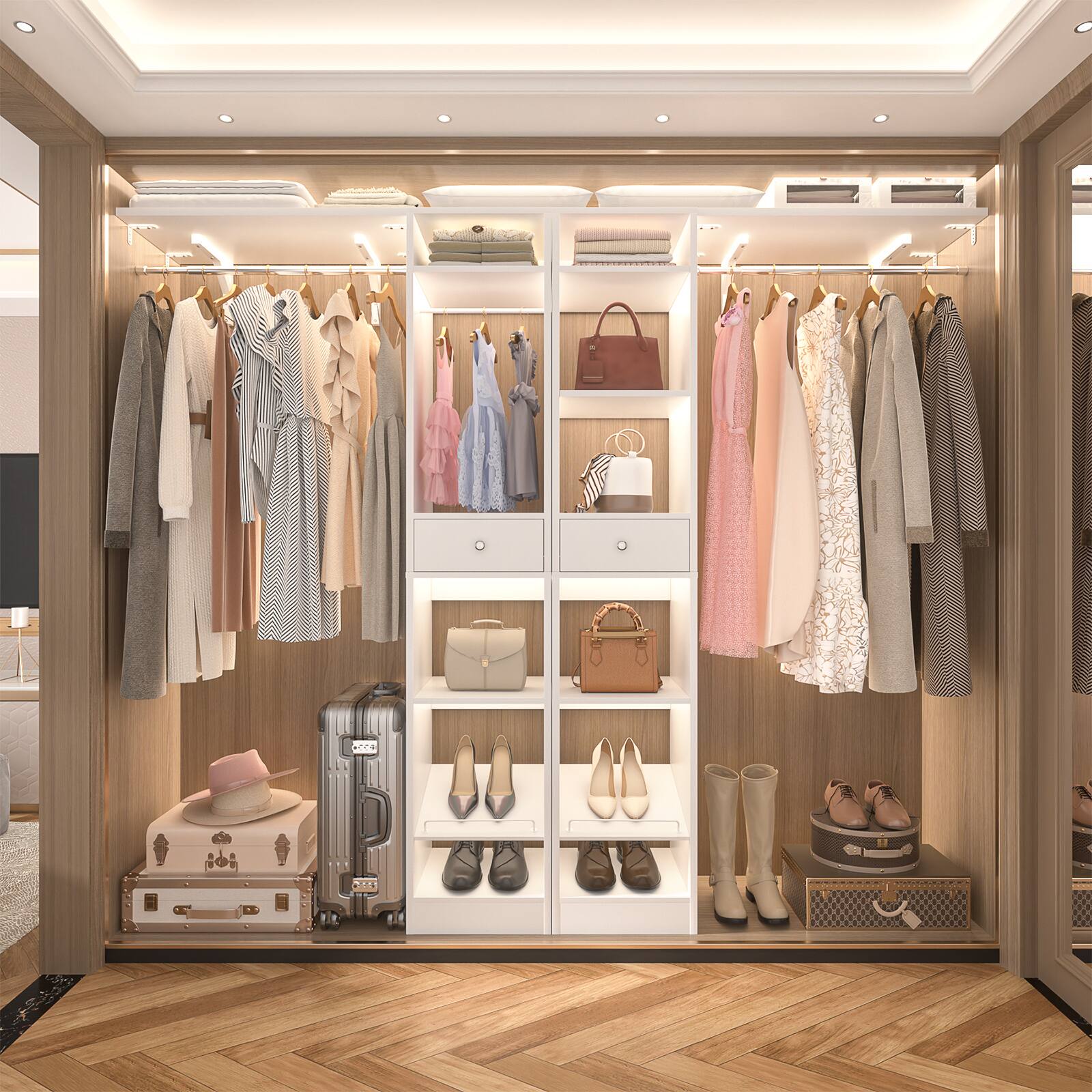 Left. Aheaplus - 58-90 Inch Heavy-Duty Wood Walk-in Closet Organizer - 3 Hanging Rods, 2 Drawers & Shoe Rack - Sturdy Reversible - White.