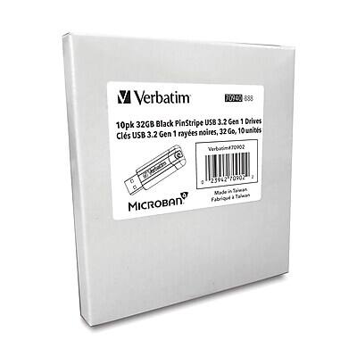 Verbatim 10940 888 32GB Black PinStripe USB 3.2 Gen 1 Drives 10pk  
Cles USB 3.2 Gen 1 noires, 32 Go, 10 unités  

Verbatim 70902  
Made in Taiwan  
Fabriqué en Taiwan  

MICROBAN®
