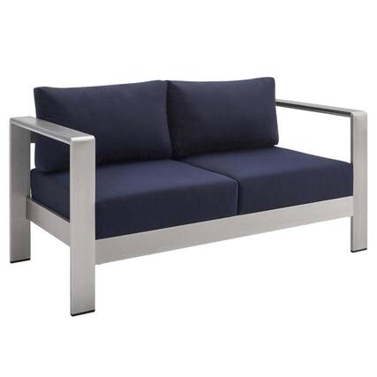 Front. Outdoor Escape - Aluminum Outdoor Loveseat with Fabric Cushions for Patio Comfort - Silver.
