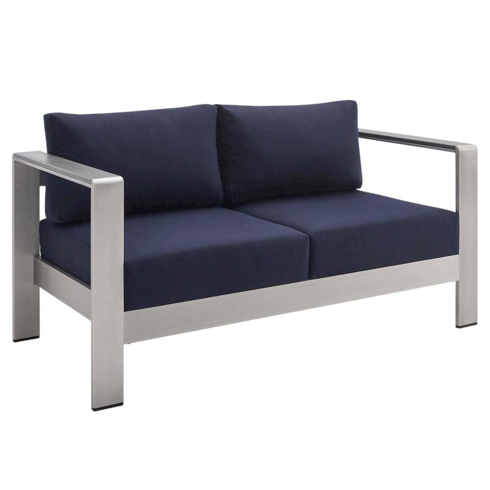 Front. Outdoor Escape - Aluminum Outdoor Loveseat with Fabric Cushions for Patio Comfort - Silver.