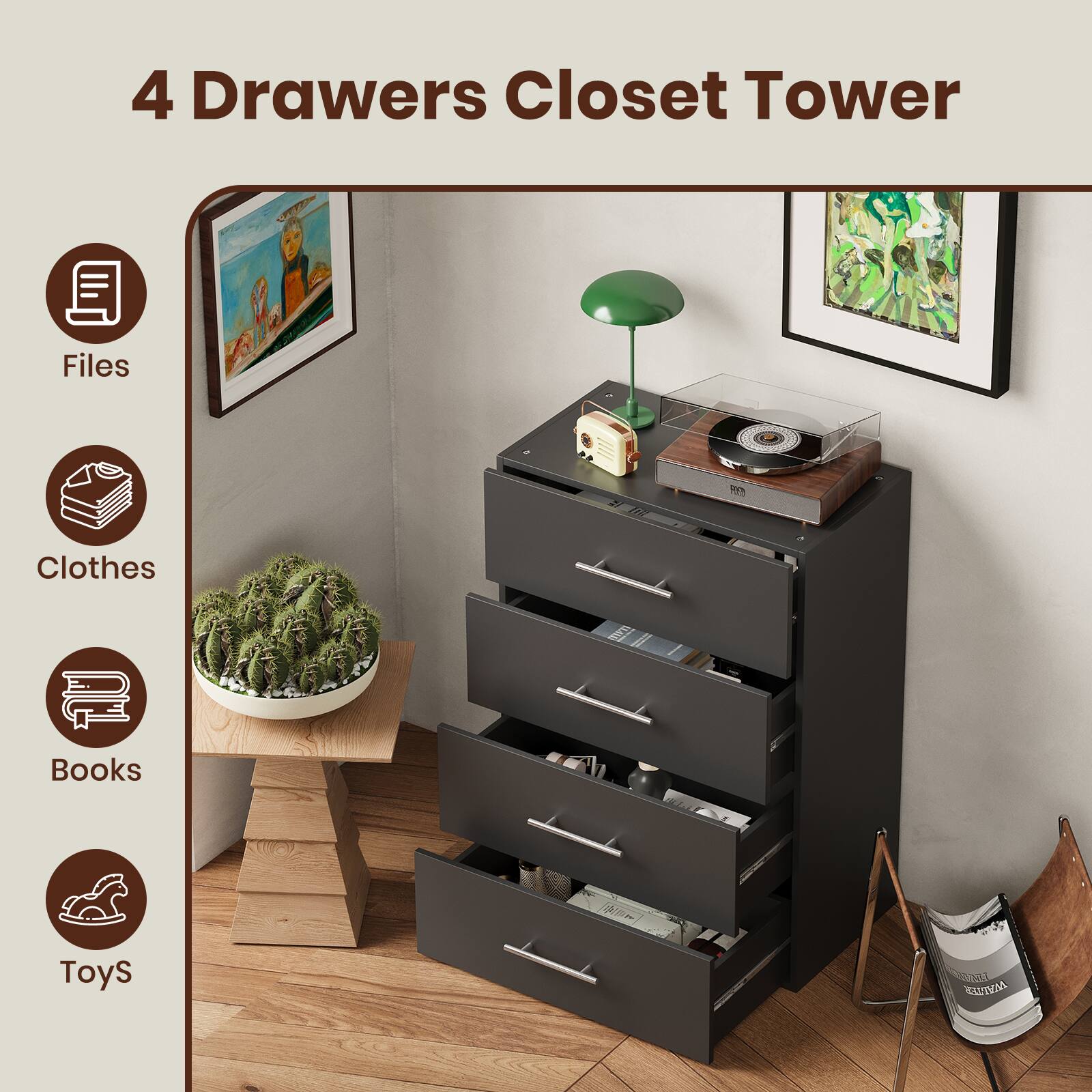 4 Drawers Closet Tower

Files
Clothes
Books
Toys