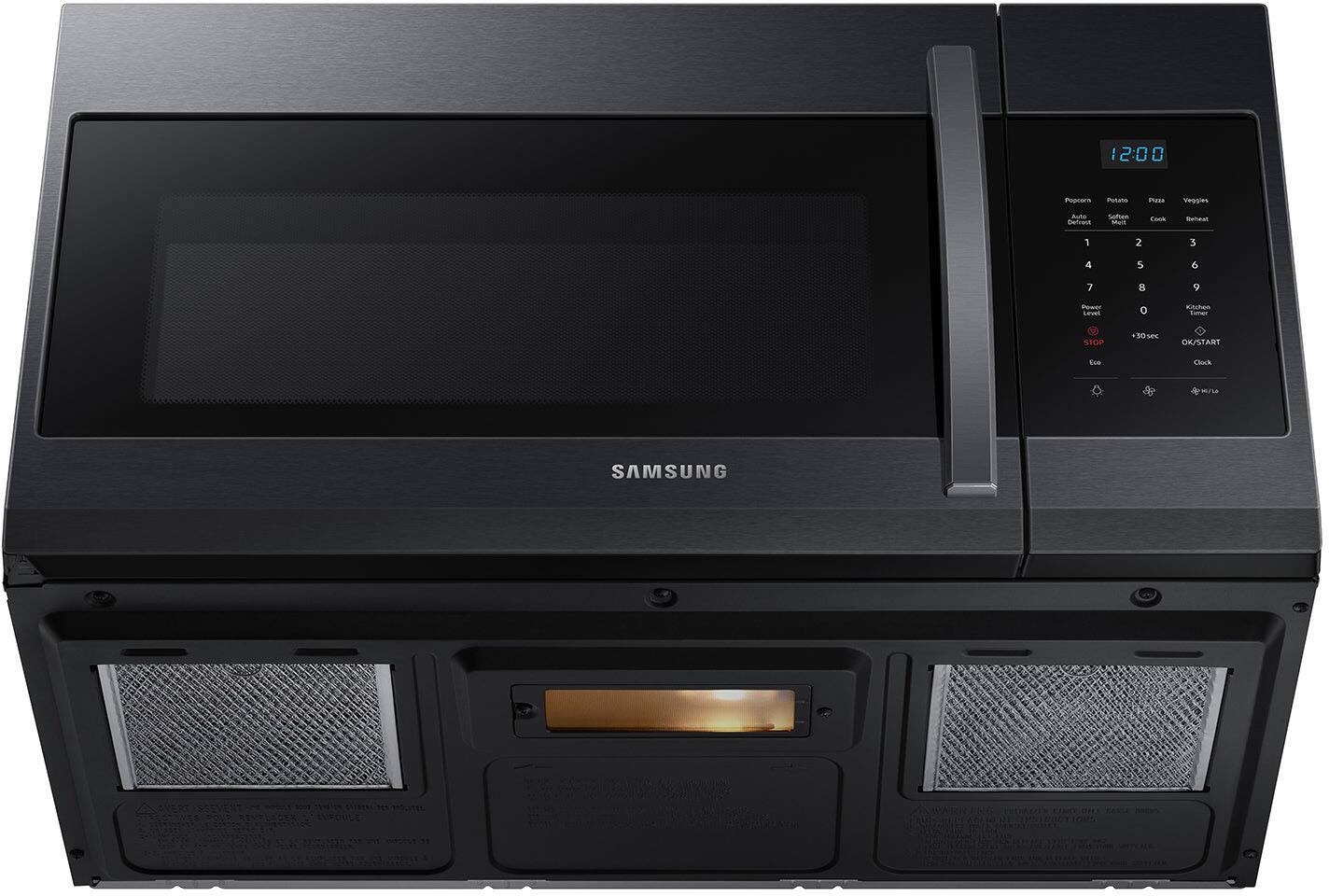 12:00  
Popcorn Potato Pizza Vegetables  
Auto Soften Cook Reheat  
1 2 3 4 5 6 7 8 9  
Power Level Kitchen Timer  
STOP $30 sec OK/START Clock  
Eco  
SAMSUNG