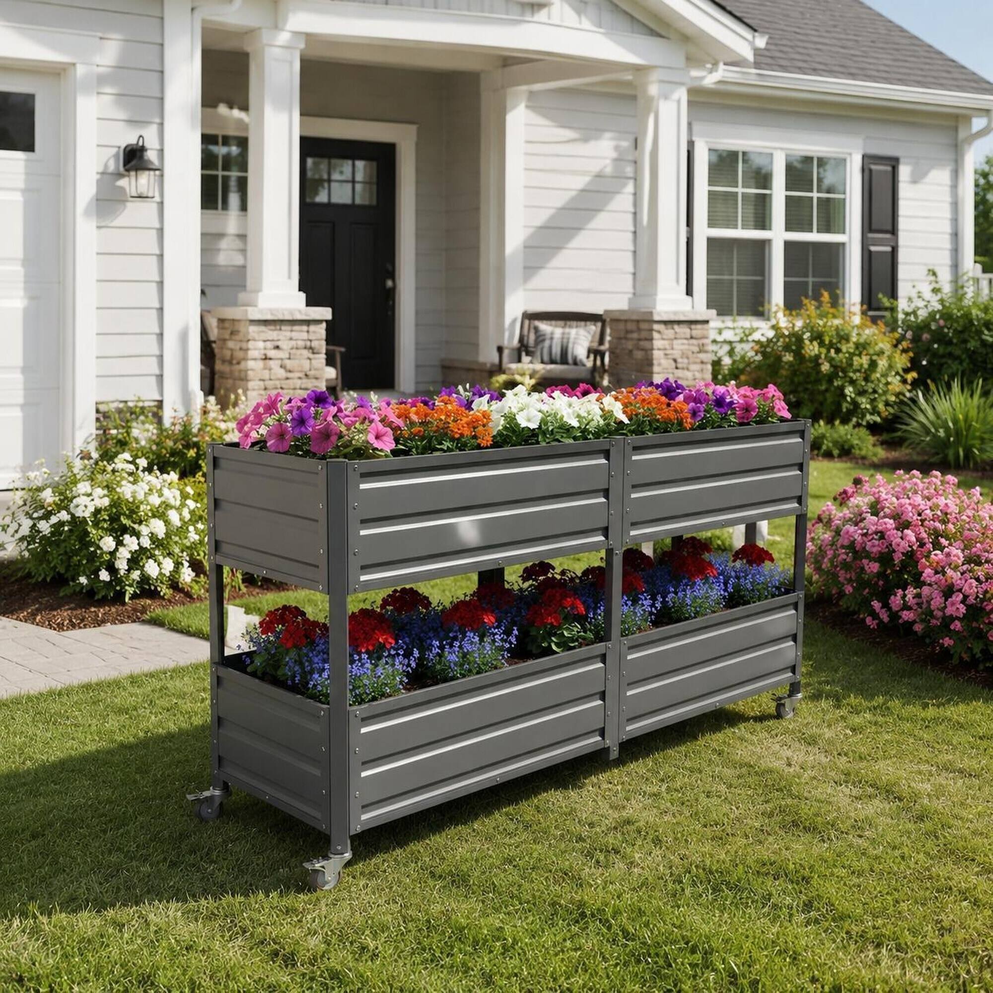 Alt View 1. RYHNUYNE - Grey Elevated Two Tier Metal Raised Garden Bed with Lockable Wheels for Patio Backyard Vegetable Herb and Flower - Grey.