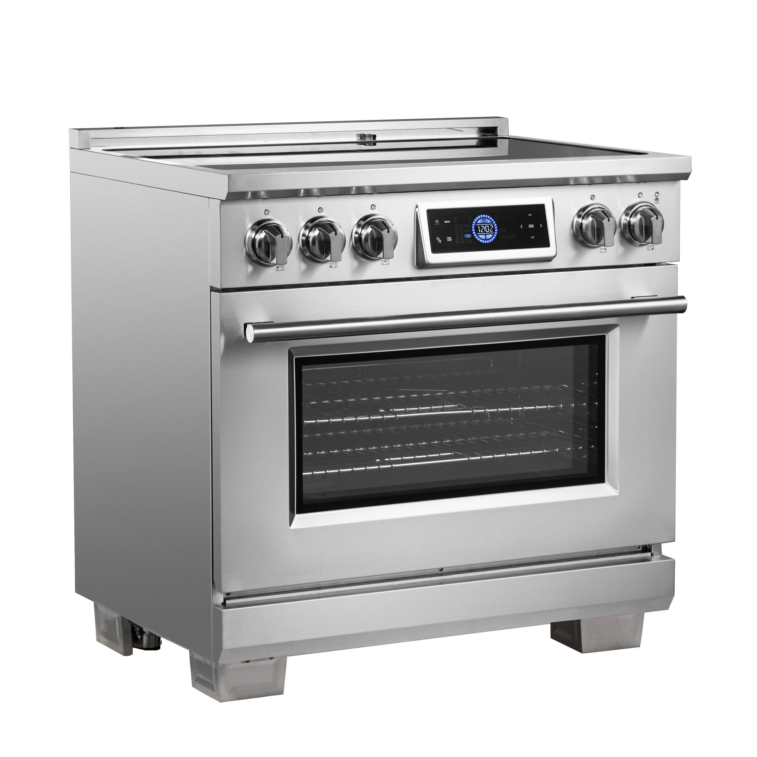 Left. Forno Appliances - Maximus 5.36 Cu. Ft. Freestanding Electric Induction Range with Air Fryer - Stainless Steel.