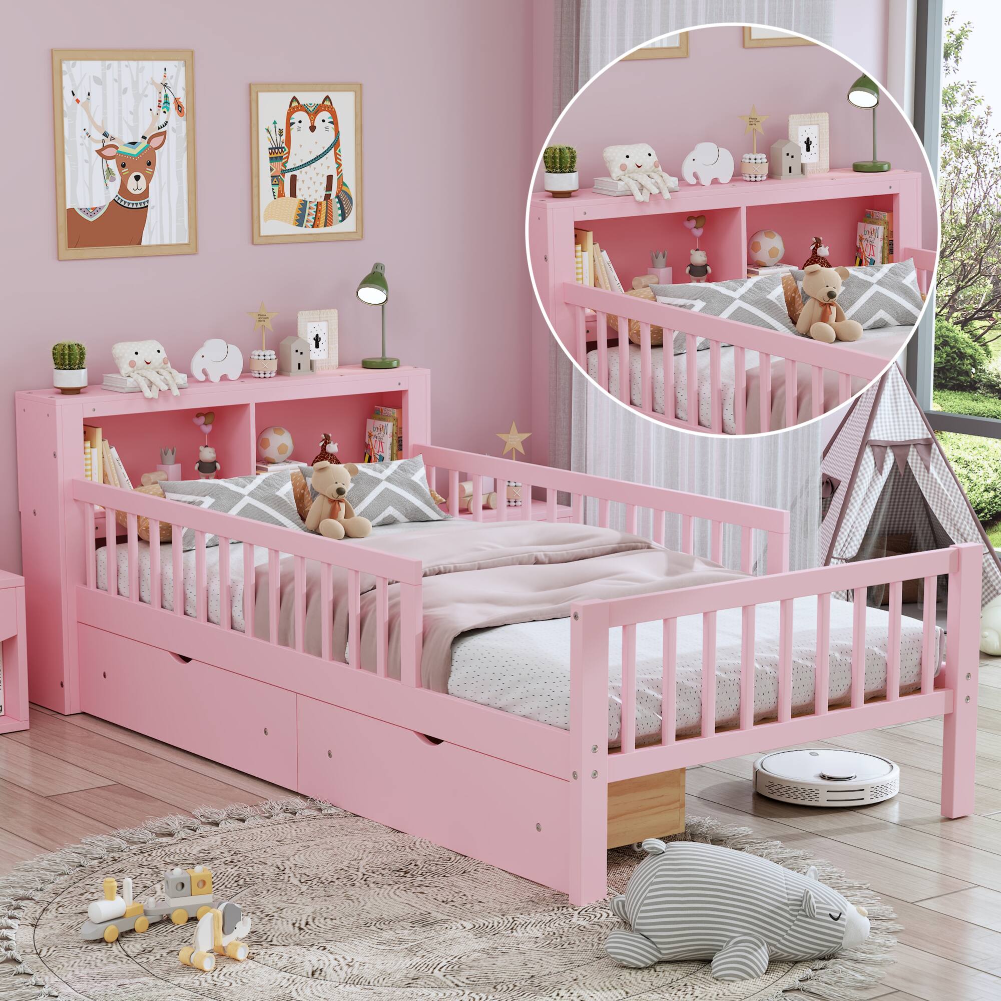 Alt View 1. GOODSILO - Twin Size Bed with Headboard Storage and Under-Bed Drawers Featuring Safety Guardrails - Pink.