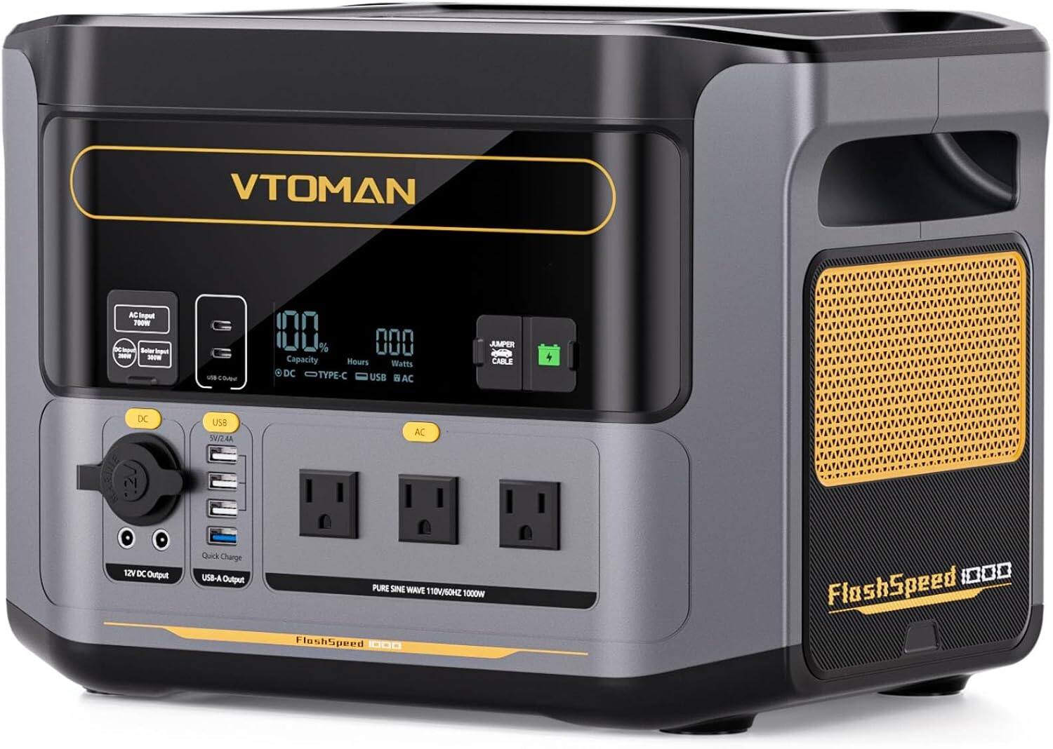 VTOMAN FlashSpeed 1000

AC Input: 700W
DC Input: 300W
Solar Input: 300W
Capacity: 1000Wh
Hours: 000
Watts: 000

DC Output: 12V
USB Output: 5V/2.4A
USB-A Output: Quick Charge
TYPE-C USB
JUMPER CABLE
PURE SINE WAVE 110V/60HZ 1000W