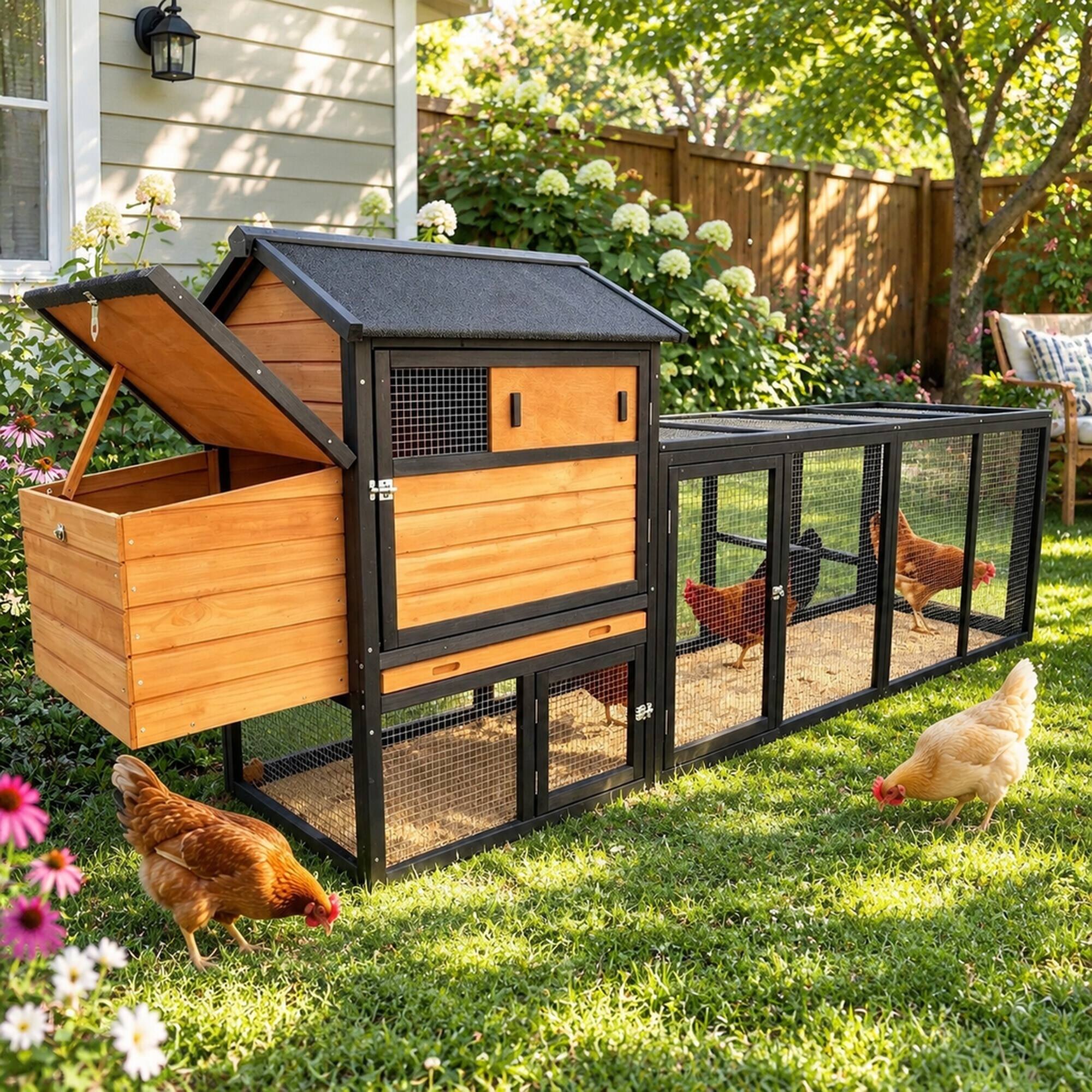 Alt View 1. RYHNUYNE - Wooden Chicken Coop, Large Outdoor Hen House, Nesting Box, Waterproof Anti-UV Roof, Backyard.