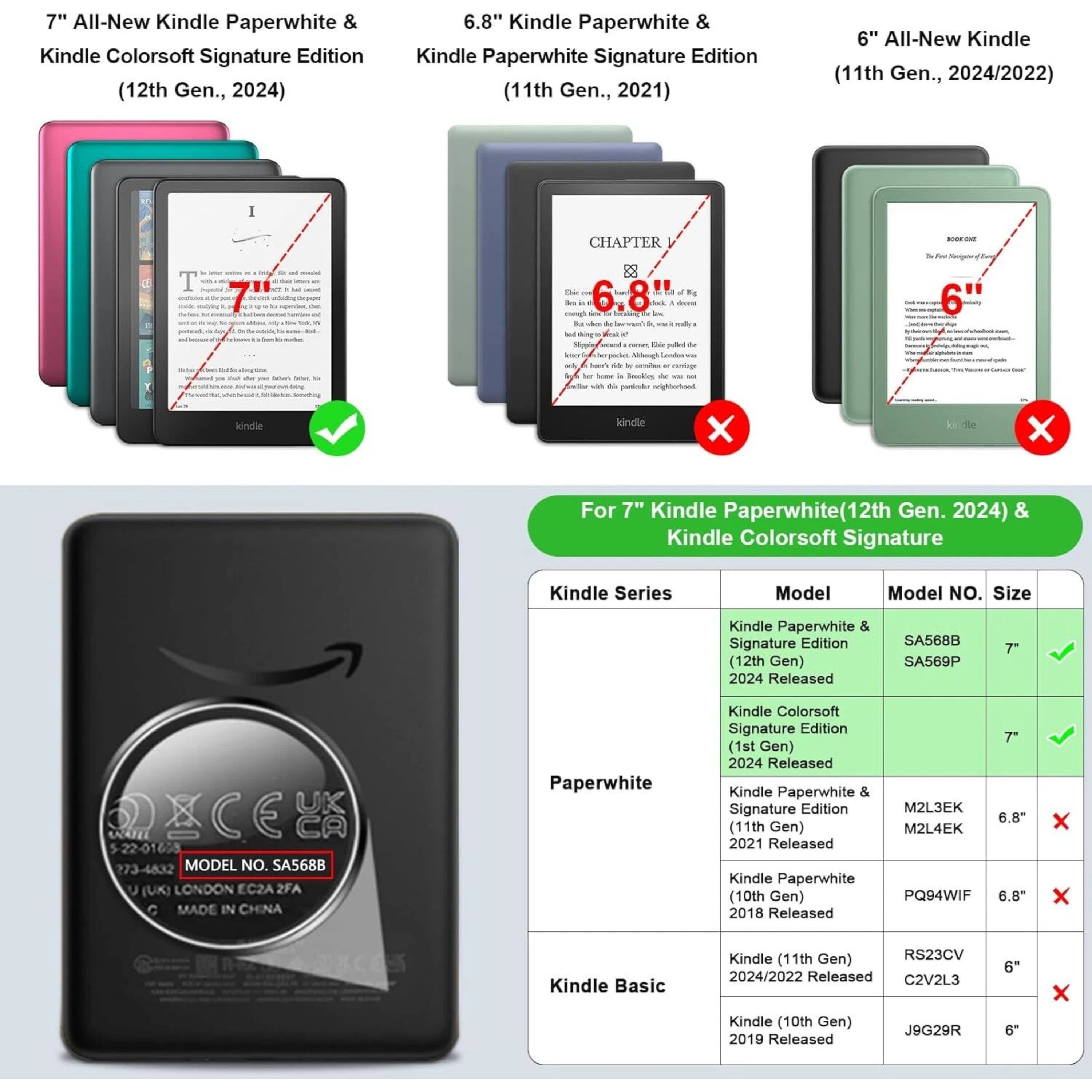 7" All-New Kindle Paperwhite & Kindle Colorsoft Signature Edition (12th Gen., 2024)

6.8" Kindle Paperwhite & Kindle Paperwhite Signature Edition (11th Gen., 2021)

6" All-New Kindle (11th Gen., 2024/2022)

For 7" Kindle Paperwhite (12th Gen., 2024) & Kindle Colorsoft Signature Edition

Kindle Series | Model | Model No. | Size
--- | --- | --- | ---
Kindle Paperwhite & Signature Edition (12th Gen) | SA568B | 7"
Kindle Colorsoft Signature Edition (1st Gen) | SA569P | 7"
Kindle Paperwhite & Signature Edition (11th Gen) | M2L3EK | 6.8"
Kindle Paperwhite (10th Gen) | PQ94WIF | 6.8"
Kindle (11th Gen) | RS23CV | 6"
Kindle (10th Gen) | J9G29R | 6"

MODEL NO. SA568B
MADE IN