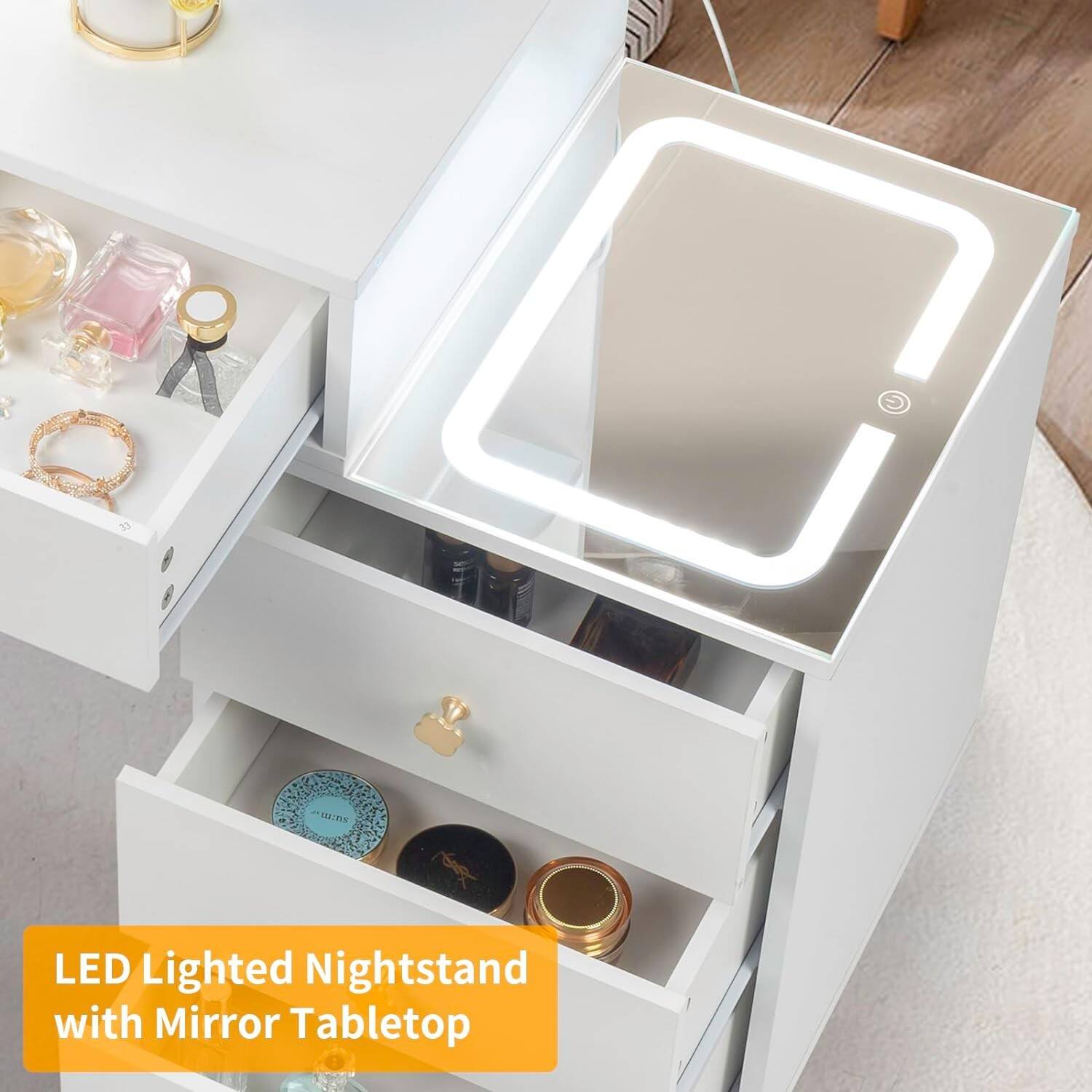 LED Lighted Nightstand with Mirror Tabletop