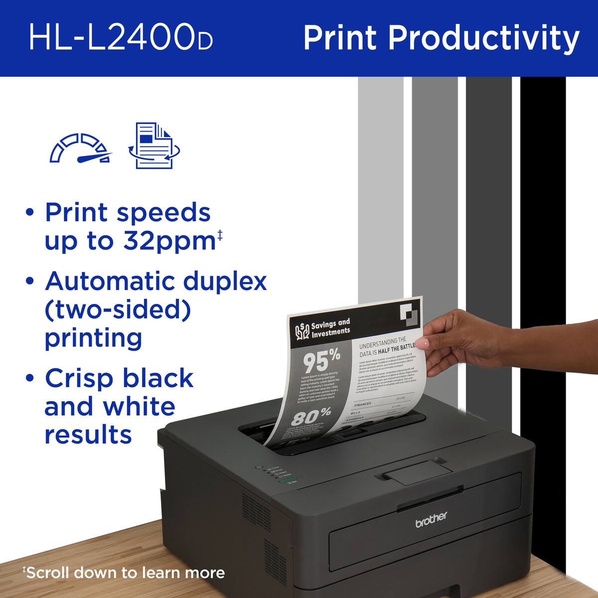 HL-L2400D Print Productivity Print speeds up to 32ppm+ Automatic duplex (two-sided) and savings printing. Investments in understanding the battle data. Scroll down to learn more.