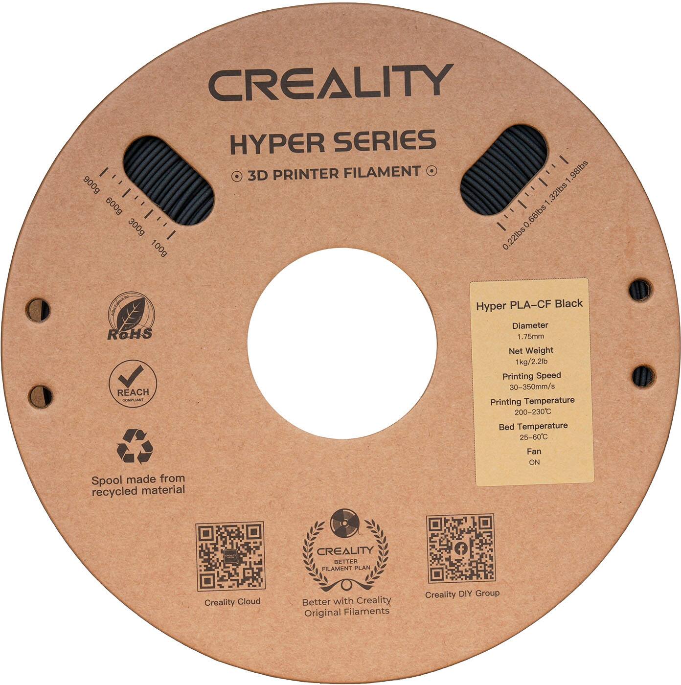 Creality Hyper Series 3D Printer Filament 9Blbs - 900g 32lbs - 66lbs 300g - 100g 22lbs 0 ROHS REACH SPAN Spool made from recycled material Hyper PLA-CF Black Diameter 1.75mm Net Weight 1kg/2.2b Printing Speed 30-350mm/s Printing Temperature 200-230C Bed Temperature 25-60C Fan ON Creality Better Filament Plan Creality DIY Group