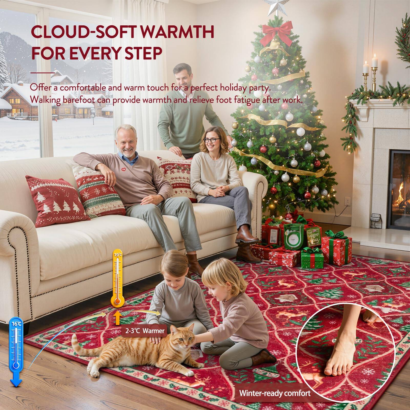 CLOUD-SOFT WARMTH FOR EVERY STEP

Offer a comfortable and warm touch for a perfect holiday party. Walking barefoot can provide warmth and relieve foot fatigue after work.

19°C | 16°C | 2-3°C Warmer

Winter-ready comfort