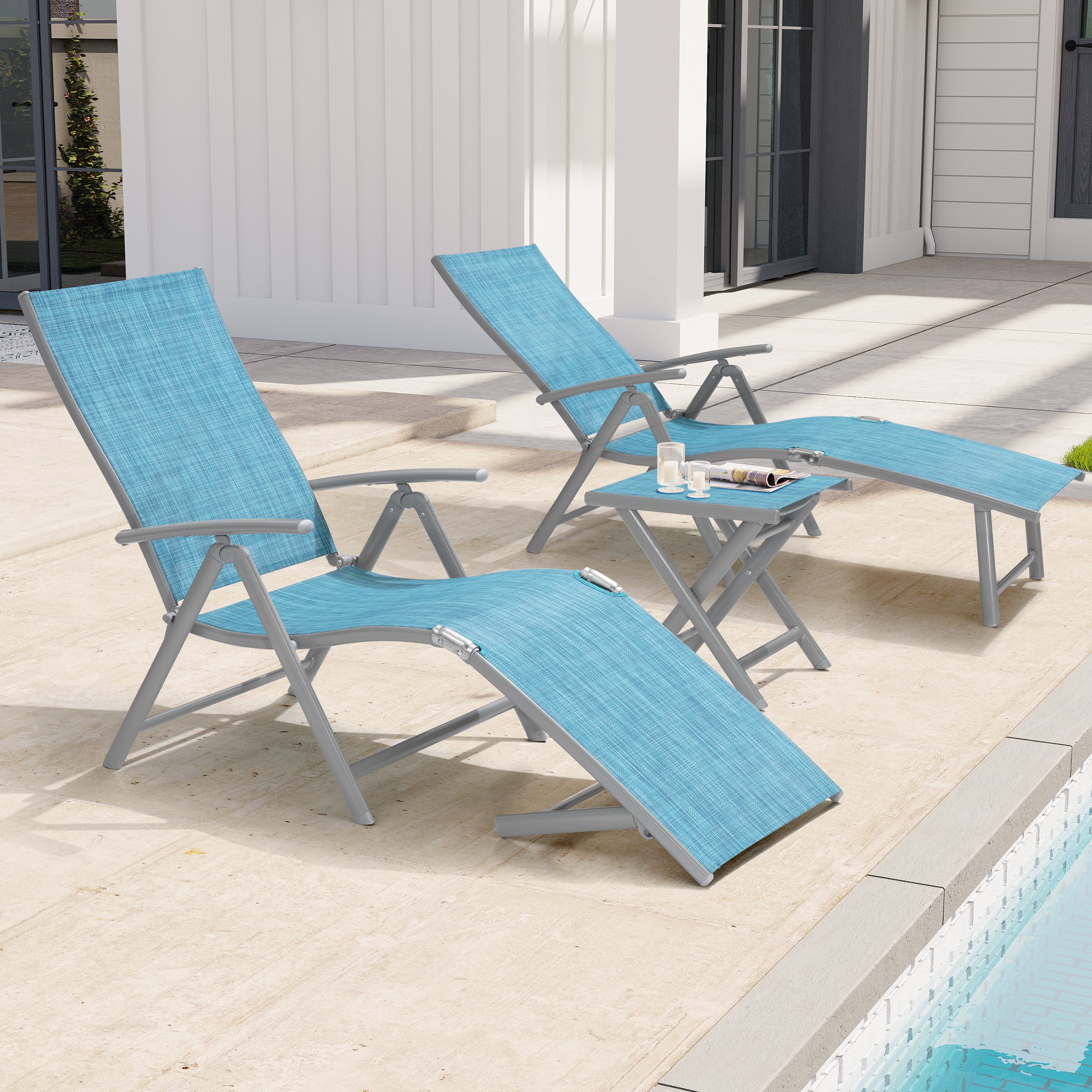 Crestlive Products - Outdoor Aluminum Adjustable Folding Chaise Lounge Chairs and Foldable Side Table - Blue