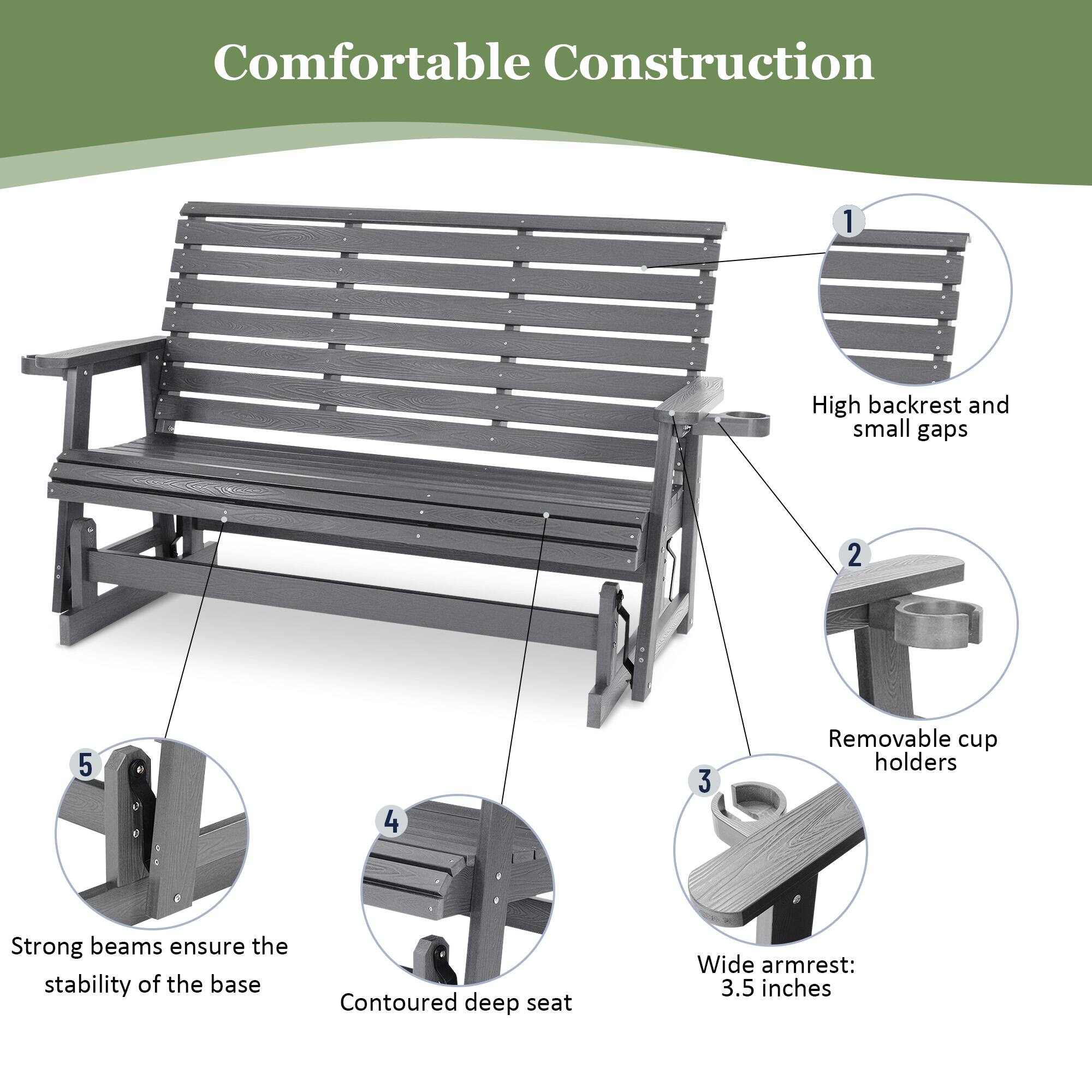 Comfortable Construction

1. High backrest and small gaps
2. Removable cup holders
3. Wide armrest: 3.5 inches
4. Contoured deep seat
5. Strong beams ensure the stability of the base