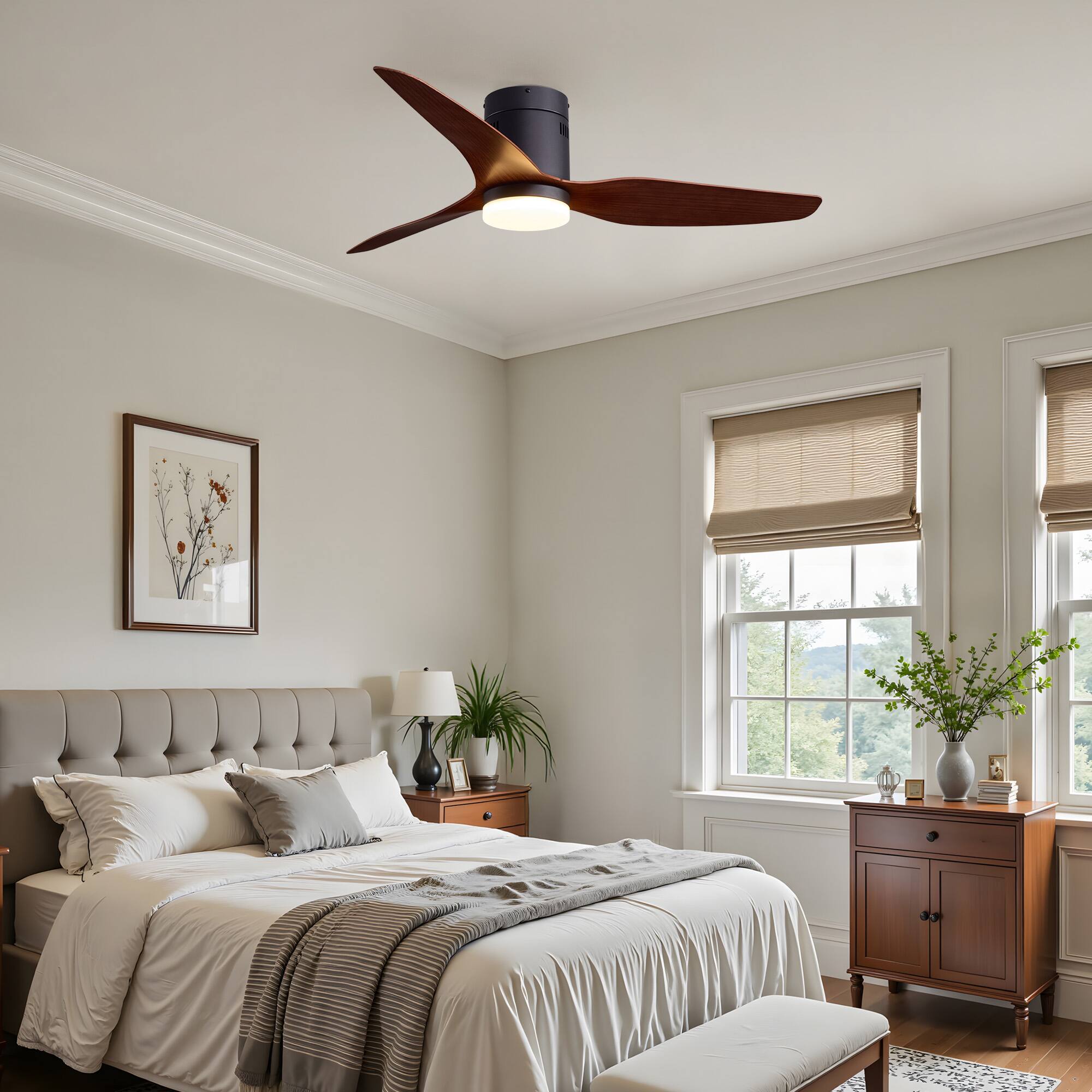 Alt View 2. Siljoy - 52 Inch Low Profile Flush Mount Ceiling Fan LED Light Black Walnut 3 Wood Blades Remote for Bedroom Living Room - Brown.