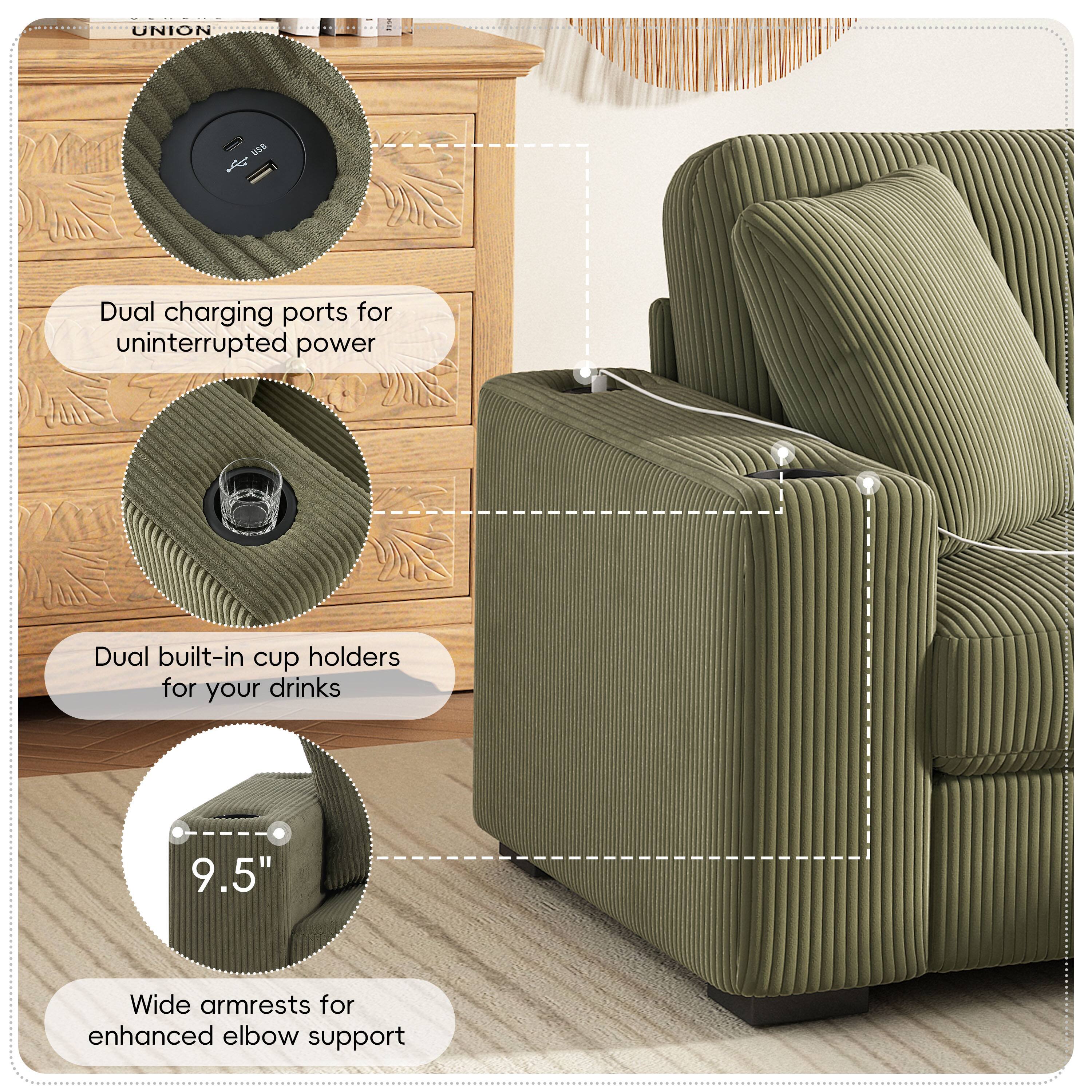 UNION

Dual charging ports for uninterrupted power

Dual built-in cup holders for your drinks

9.5" Wide armrests for enhanced elbow support