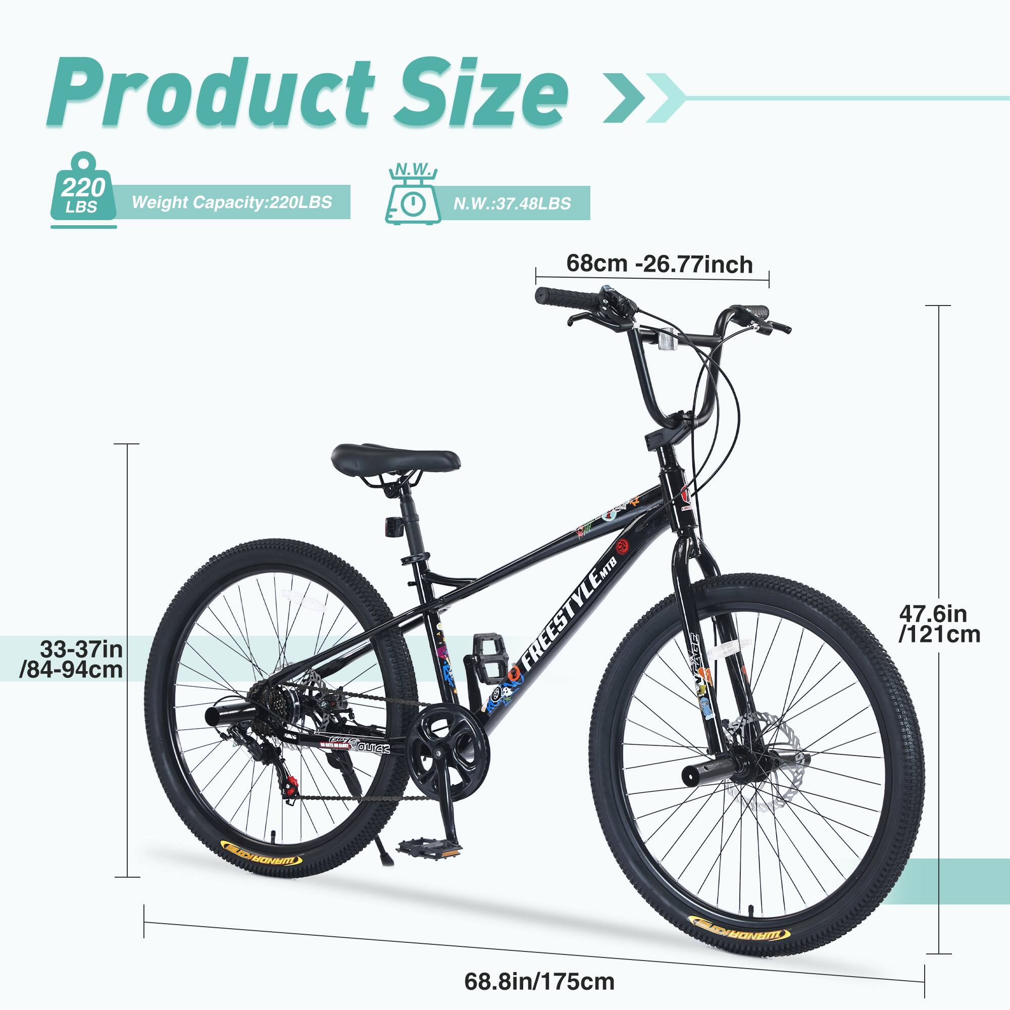 Product Size  
Weight Capacity: 220 LBS  
N.W.: 37.48 LBS  

68 cm - 26.77 inch  
33-37 in / 84-94 cm  

47.6 in / 121 cm  

68.8 in / 175 cm