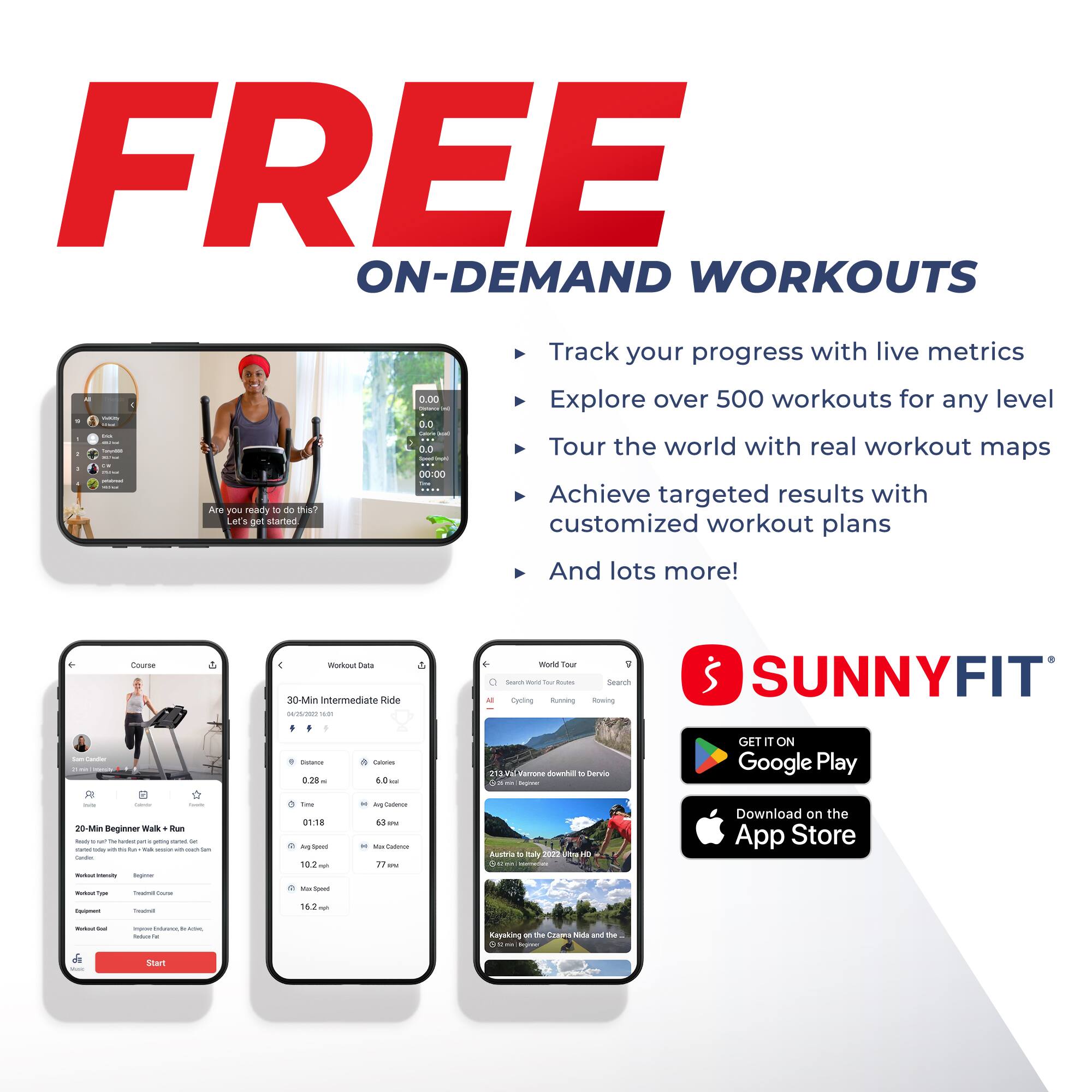 FREE ON-DEMAND WORKOUTS

Track your progress with live metrics
Explore over 500 workouts for any level
Tour the world with real workout maps
Achieve targeted results with customized workout plans
And lots more!

SUNNYFIT

GET IT ON Google Play
Download on the App Store