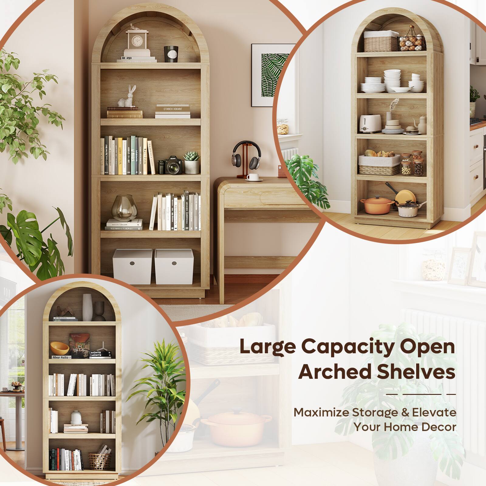 Large Capacity Open Arched Shelves  
Maximize Storage & Elevate Your Home Decor