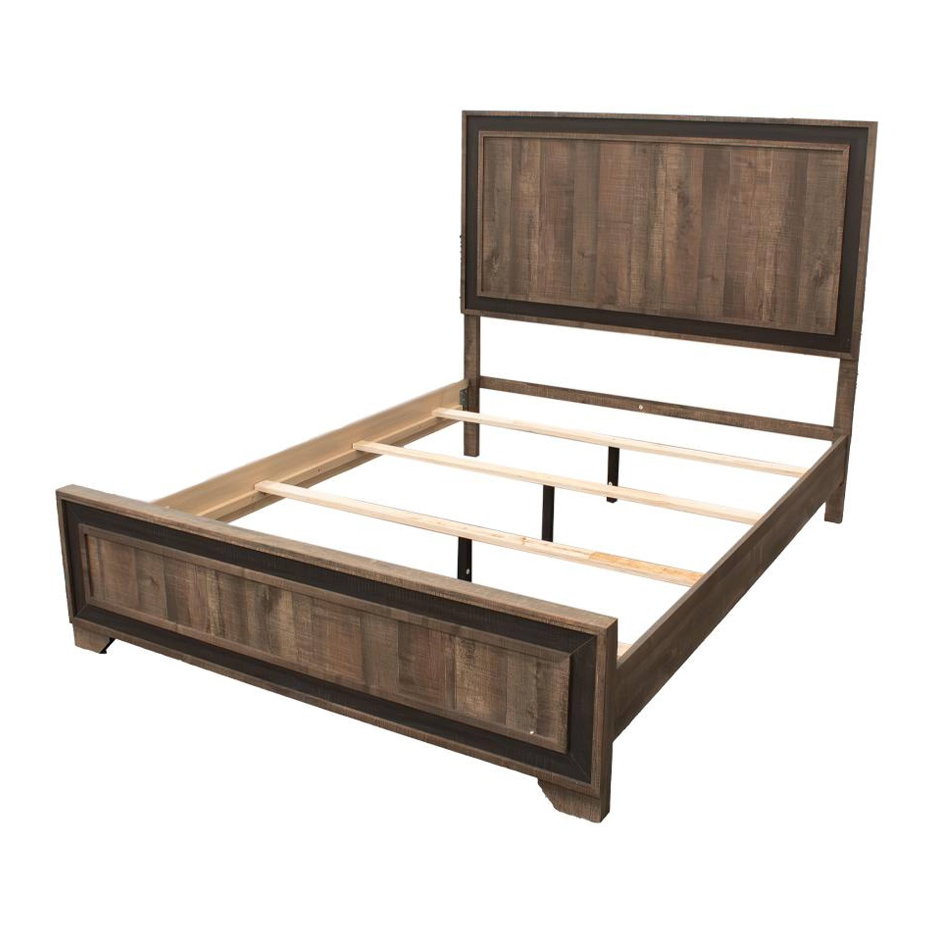 Alt View 1. Manhattan Lane - Modern Queen Size Bed w Tall Panel Headboard, Rustic Brown Wood - Oak Brown.