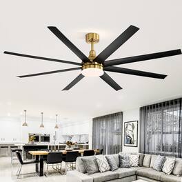 Breezary - 72" Large Indoor Ceiling Fan with Remote, 8 ABS Blades, 6-Speed DC Motor, Timer, 7''/12''Downrods, Light/No Light Option - Gold and Black (With Light)