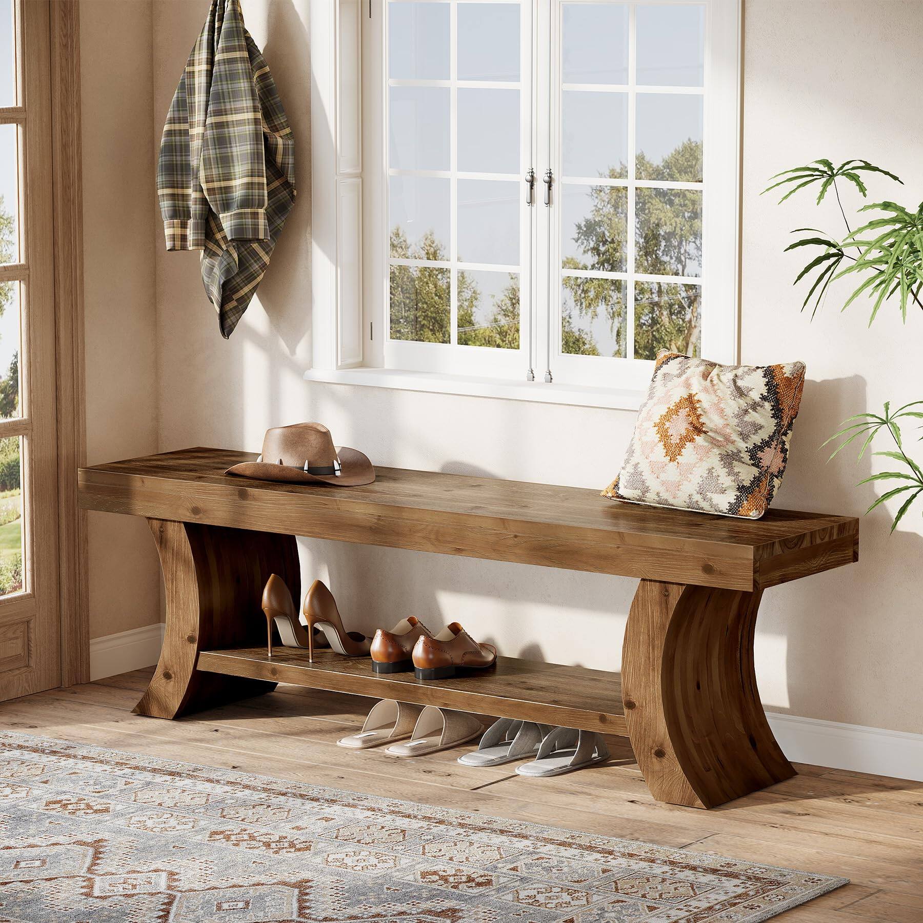 Left. Tribesigns - Solid Wood Entryway Bench with Thick Curved Base and Open Storage Shelf - Brown.