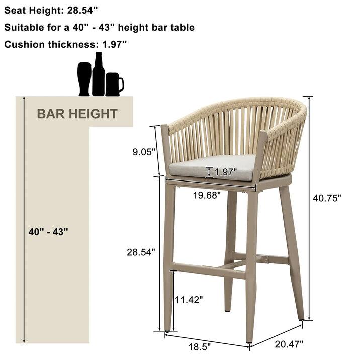 Sure, here is the corrected and grouped text from the image:

---

**Seat Height:** 28.54"

**Suitable for a 40" - 43" height bar table**

**Cushion thickness:** 1.97"

---

**BAR HEIGHT**

- 40" - 43"
- 9.05"
- 19.68"
- 28.54"
- 11.42"
- 18.5"
- 20.47"
- 40.75"

---