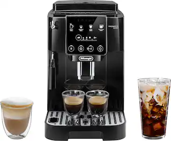 The image features a black coffee maker with a glass of coffee and a glass of soda. The coffee maker is filled with coffee and has two cups of espresso on top of it. The coffee maker is a DLonghi Magnifica, and it is ready to make two cups of coffee. The soda is placed next to the coffee maker, making for a refreshing beverage pairing.