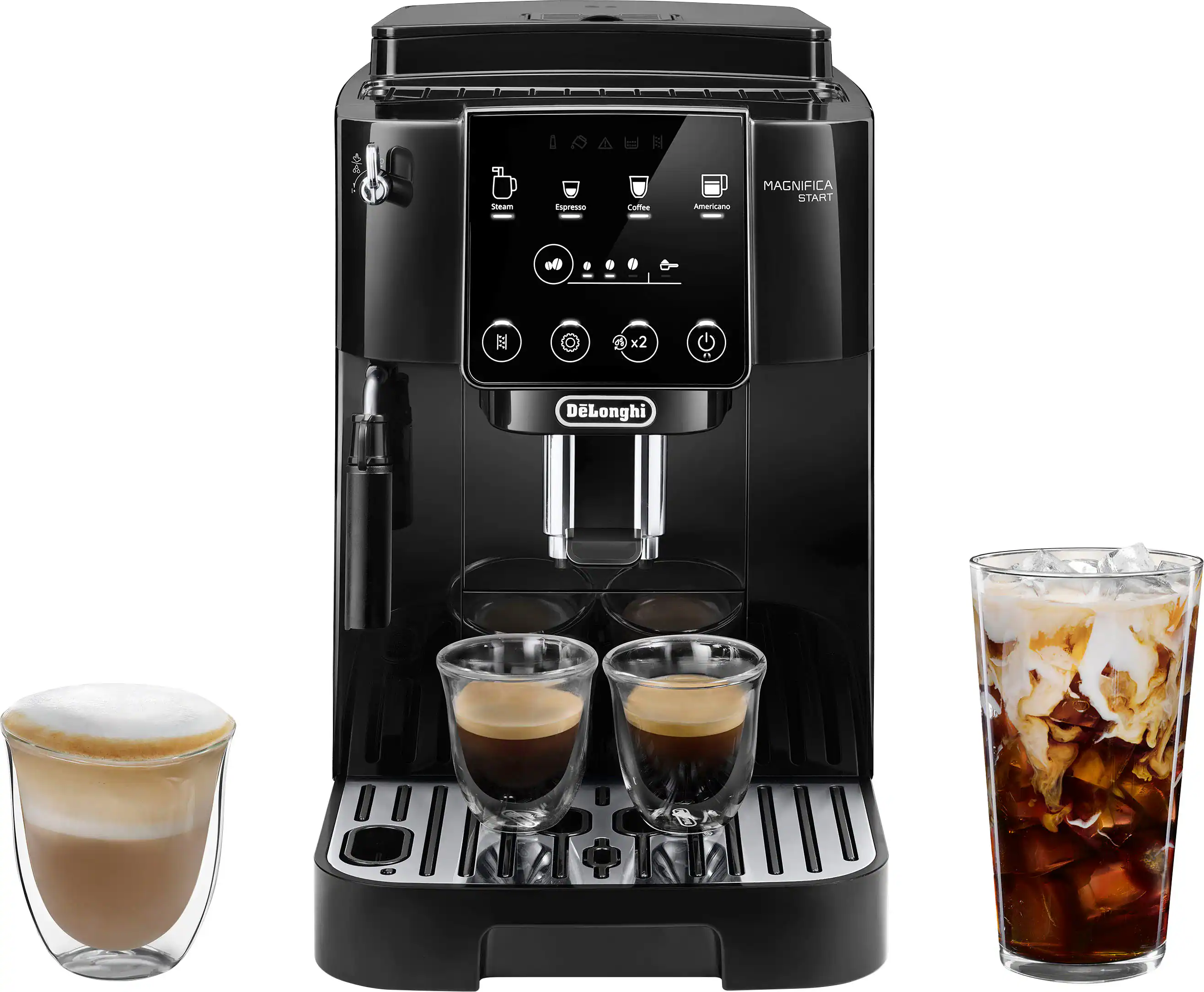 The image features a black coffee maker with a glass of coffee and a glass of soda. The coffee maker is filled with coffee and has two cups of espresso on top of it. The coffee maker is a DLonghi Magnifica, and it is ready to make two cups of coffee. The soda is placed next to the coffee maker, making for a refreshing beverage pairing.