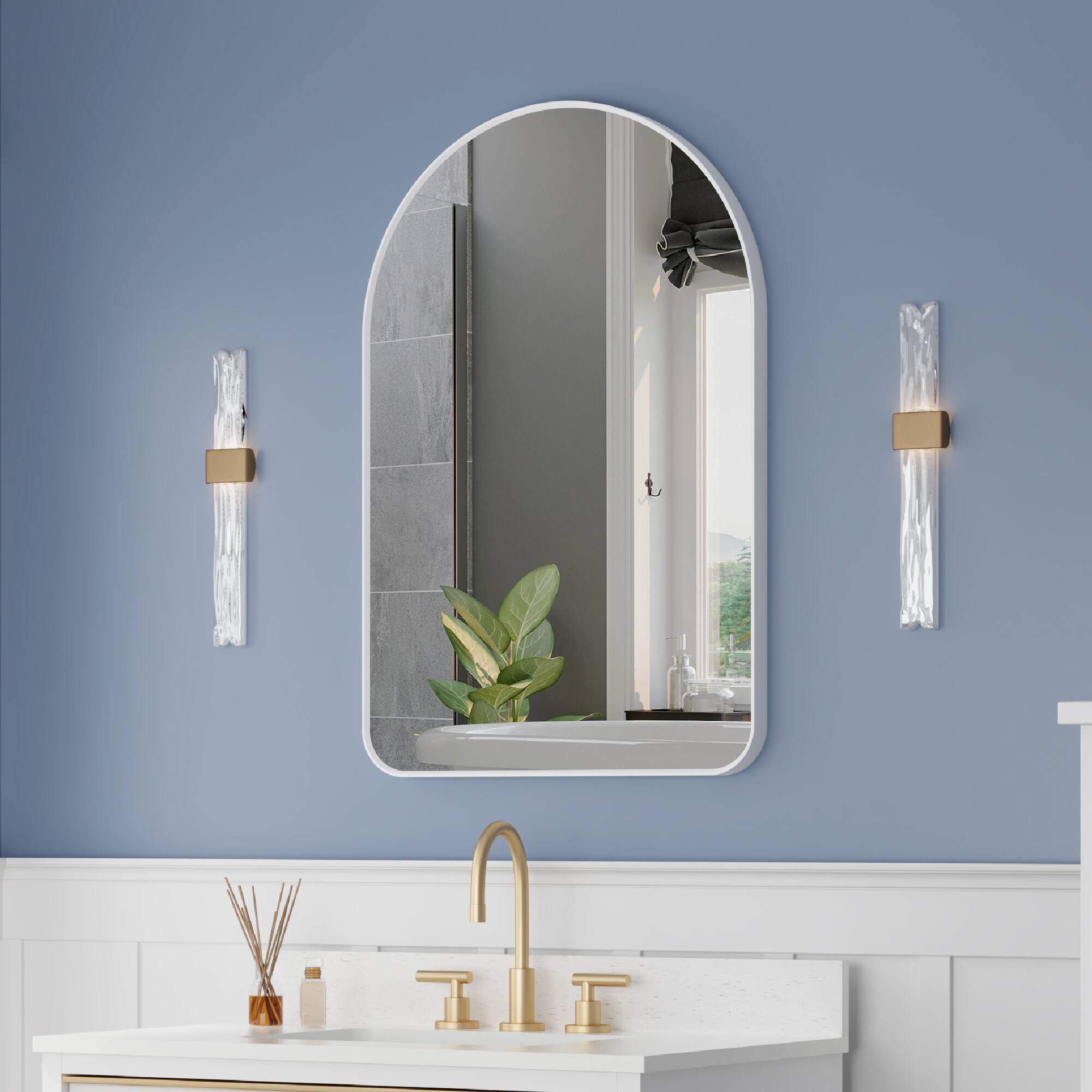 Angle. WELLFOR - 24 in. W x 36 in H Arch Anodized Aluminum Framed Wall Bathroom Vanity Mirror - White.