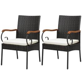 Costway - 2PCS Patio PE Wicker Chairs Acacia Wood Armrests withSoft Zippered Cushion Garden - Mix Brown,Off White