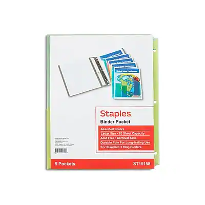 Staples Binder Pocket
Assorted Colors Letter Size
TO Sheet Capacity
Acid Free - Archival Safe
Durable Poly for Long-Lasting Use
For Standard 3 Ring Binders
5 Pockets
ST15158