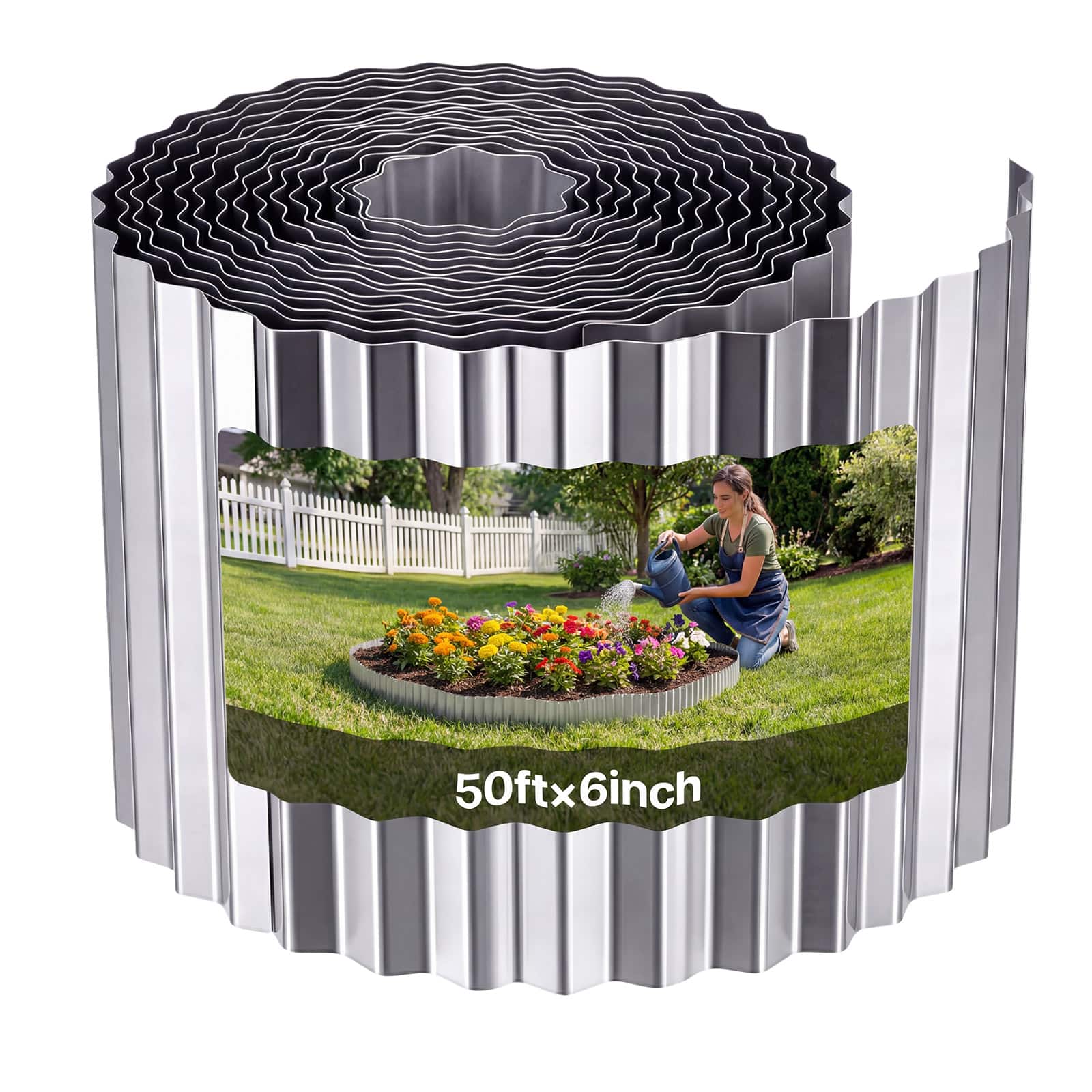 VEVOR - Galvanized Steel Landscape Edging, 50 ft x 6 in Metal Edging for Landscaping with Gloves, Easy-to-Install Bendable - Silver