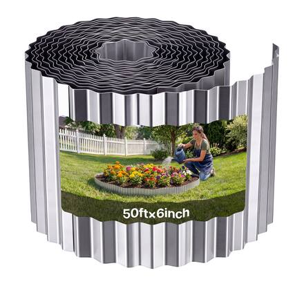 Front. VEVOR - Galvanized Steel Landscape Edging, 50 ft x 6 in Metal Edging for Landscaping with Gloves, Easy-to-Install Bendable - Silver.