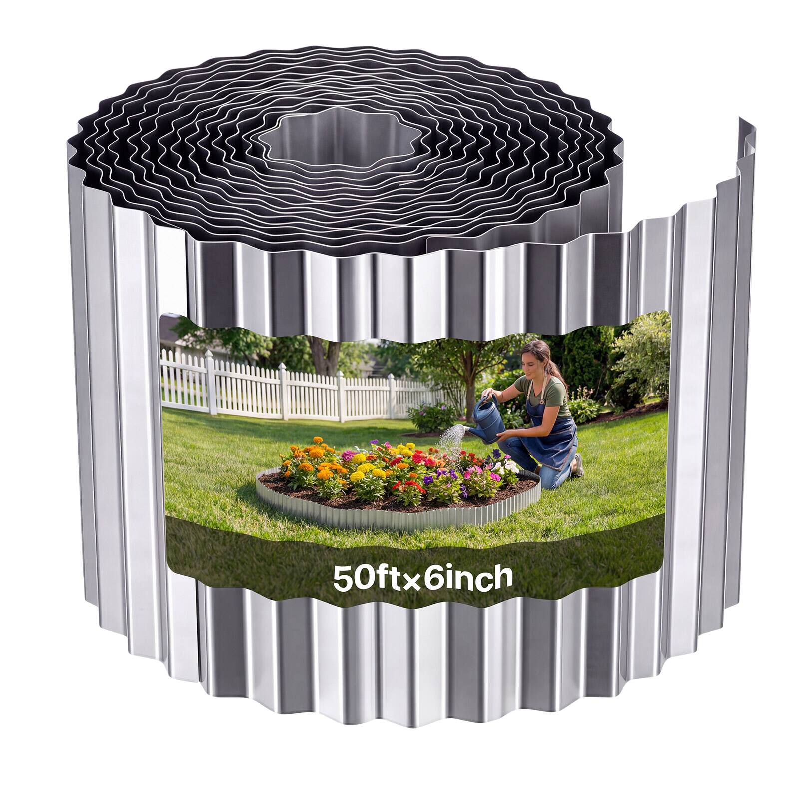 Front. VEVOR - Galvanized Steel Landscape Edging, 50 ft x 6 in Metal Edging for Landscaping with Gloves, Easy-to-Install Bendable - Silver.