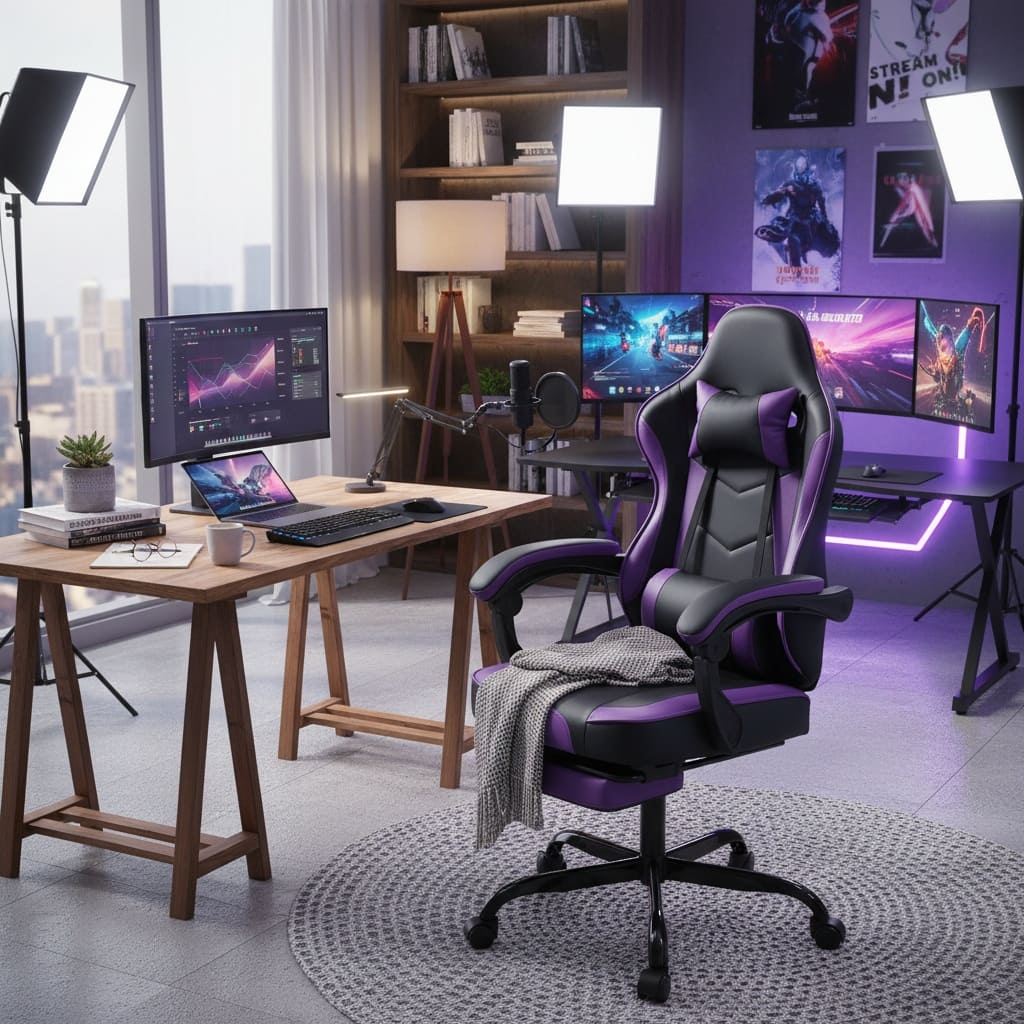 Forest'nSky - Black Gaming Chair with Footrest and Massage Lumbar, Ergonomic Computer Chair for Adults - Purple