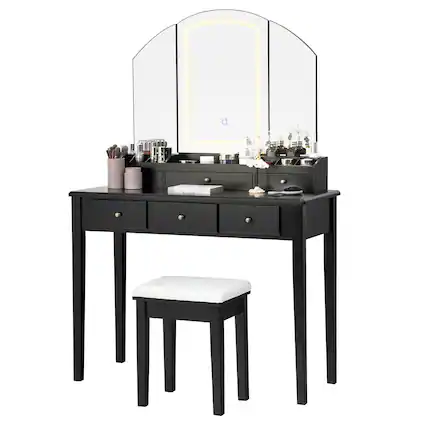 Alt View 4. SlickBlue - Vanity Desk Set with Stool and Tri-Folding Lighted Mirror for Bedroom - Black.