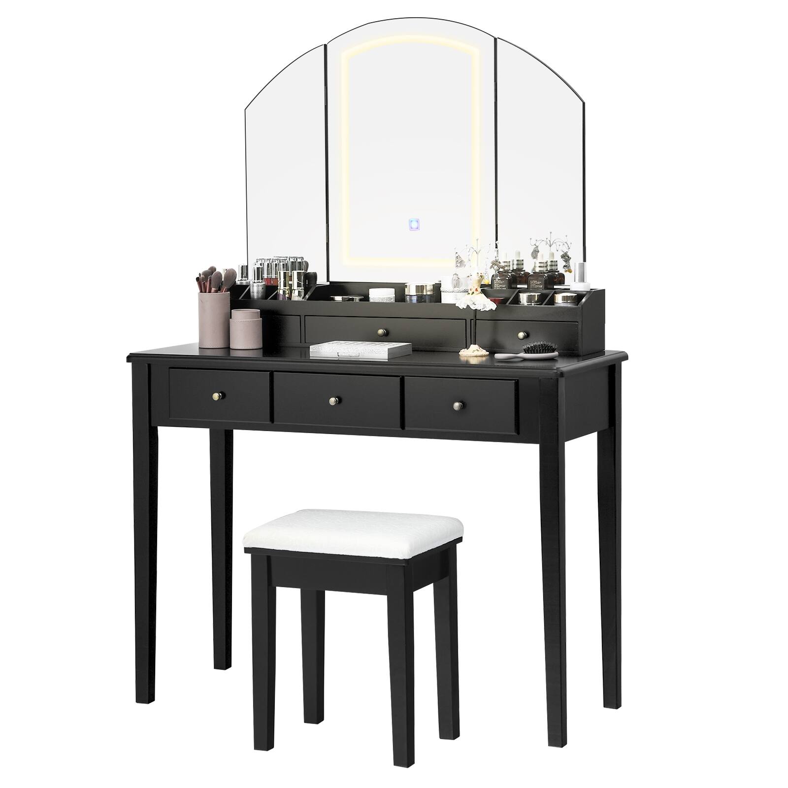 Alt View 4. SlickBlue - Vanity Desk Set with Stool and Tri-Folding Lighted Mirror for Bedroom - Black.