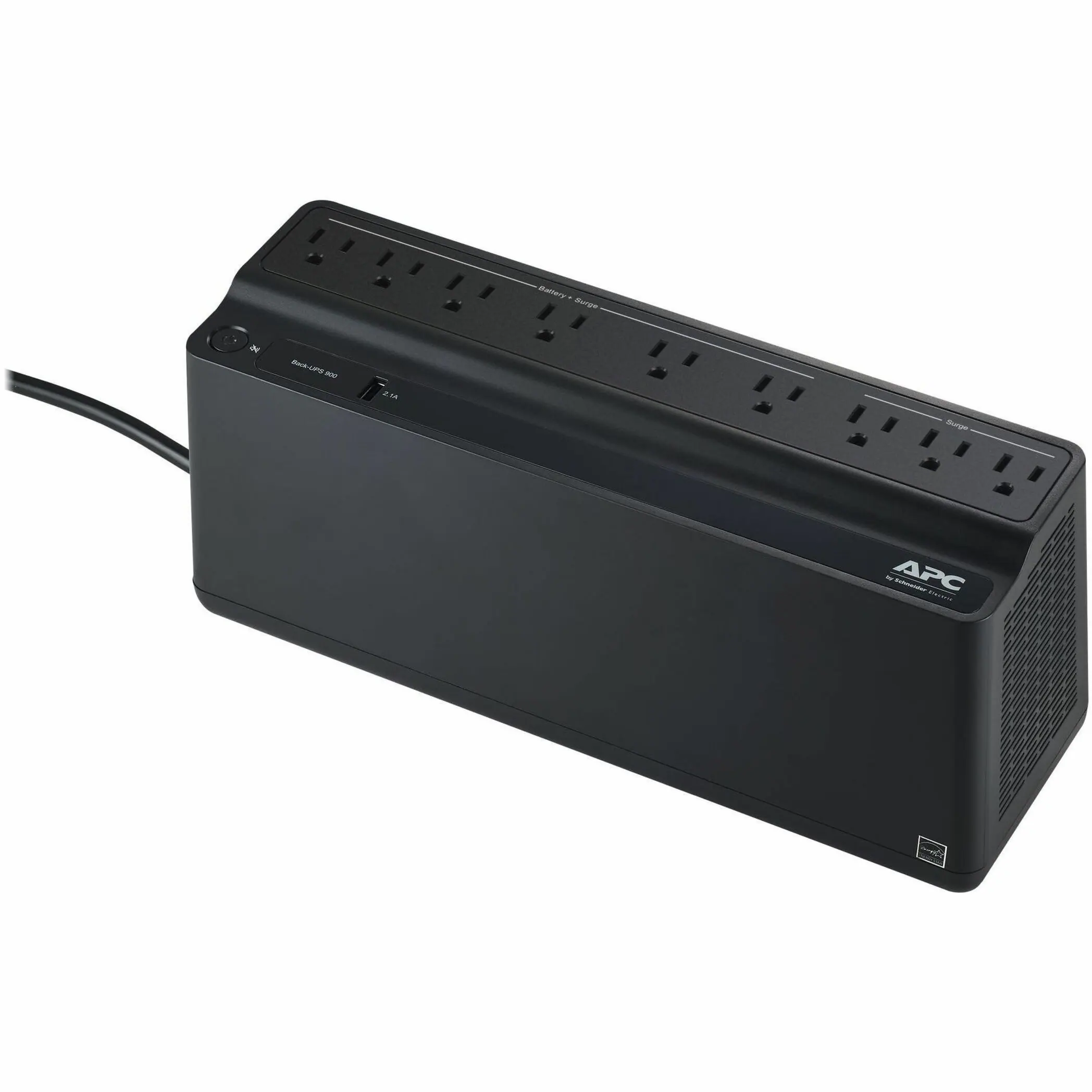 Front. APC - Back UPS, 900VA/480W, Floor/Wall Mount 120V, 9x NEMA 5-15R outlets, USB Type A Port - Black.