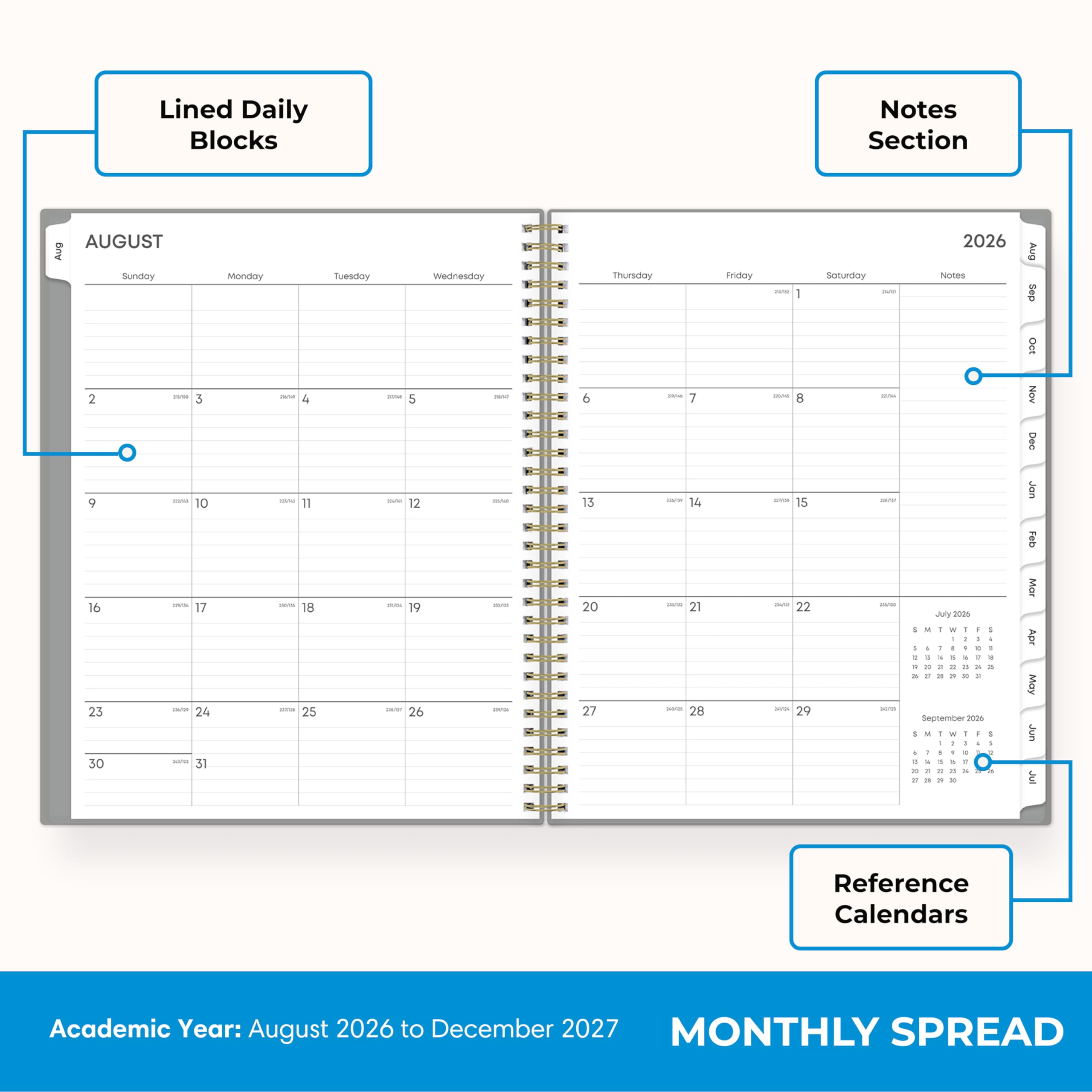 Lined Daily Blocks

Notes Section

AUGUST
Sunday 2 3 4 5 6 7 8 9 10 11 12 13 14 15 16 17 18 19 20 21 22 23 24 25 26 27 28 29 30 31

Monday
Tuesday
Wednesday
Thursday
Friday
Saturday

2026 Notes

July 2026
September 2006

Aug 2000 Nov 2000 Jan 2000 Feb 2000 Mar 2000 Apr 2000 May 2000 Jun 2000 Jul 2000

Reference Calendars

Academic Year: August 2026 to December 2027

MONTHLY SPREAD
