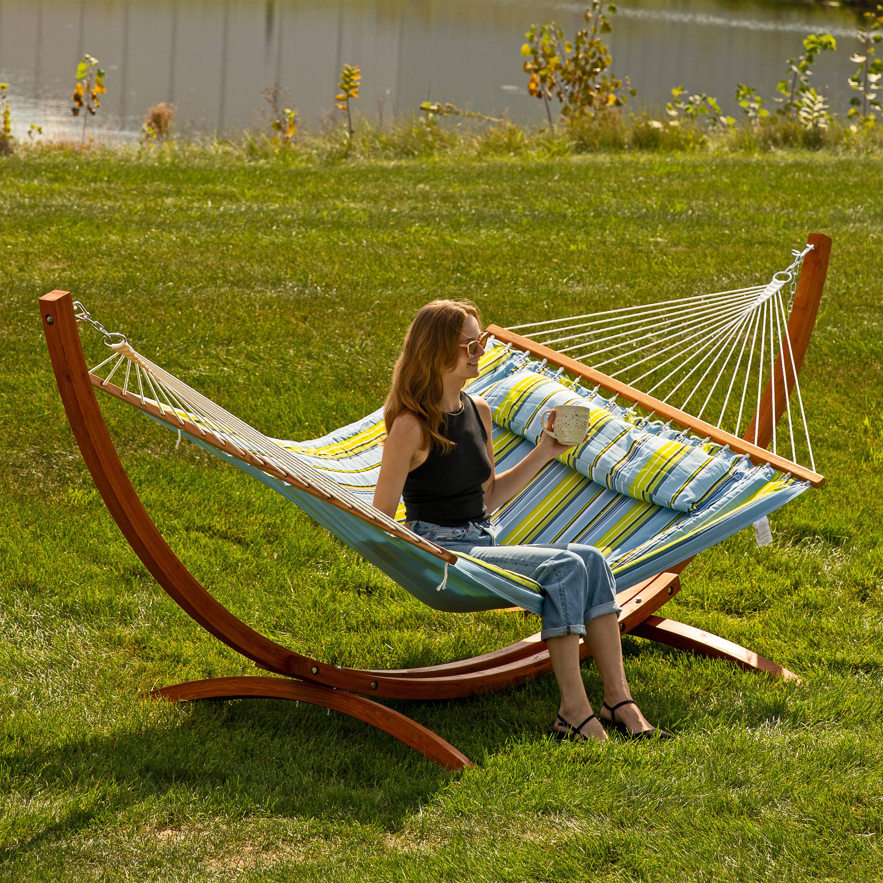 Alt View 1. Sunnydaze - Curved Wooden Arc Hammock Stand with Hooks and Chains - 12 ft - Brown.