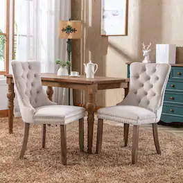 Loheer - Velvet Dining Chairs Set of 2 Tufted High Back Upholstered Mid-Century Modern Solid Wood Legs Nailhead Trim - Beige