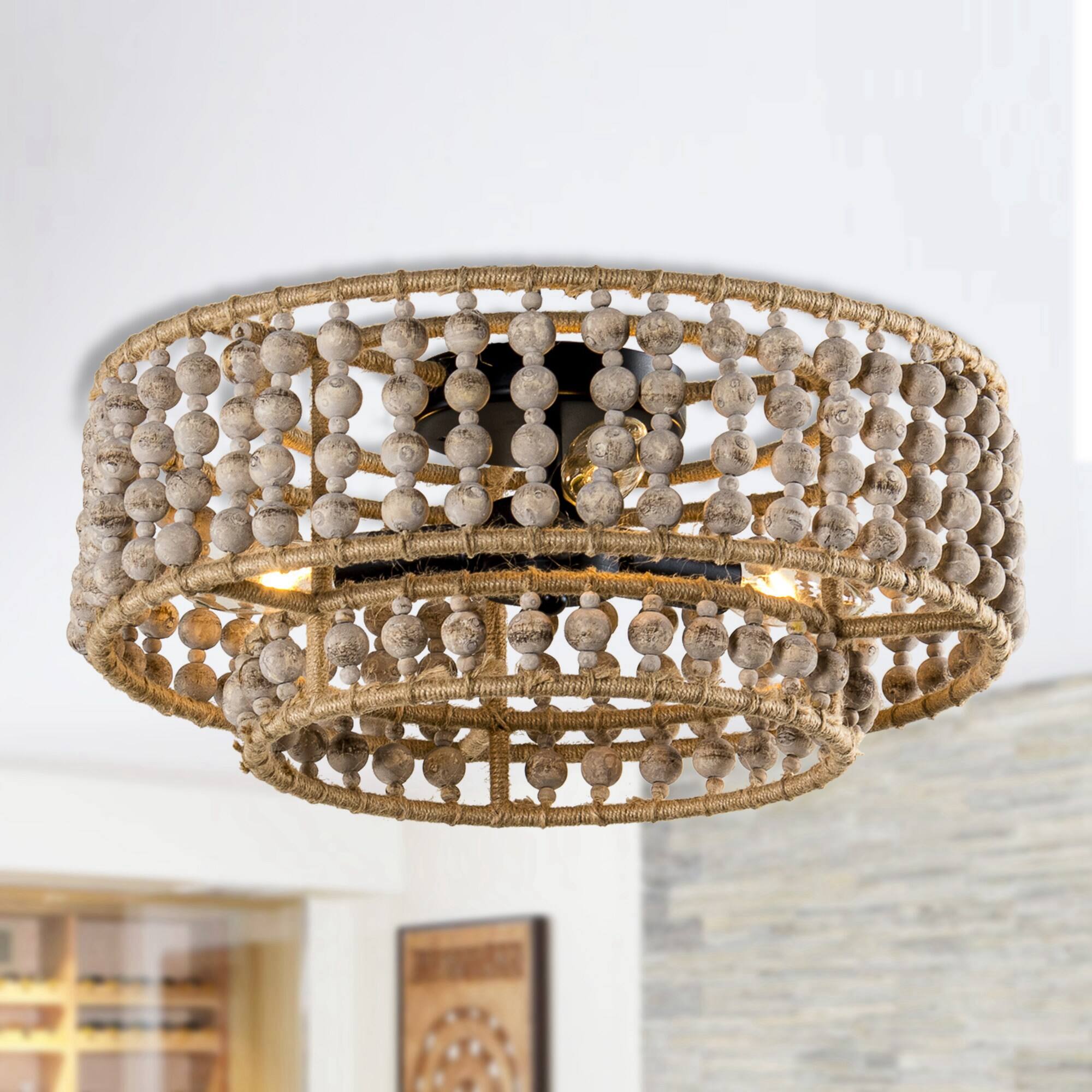 Left. Parrot Uncle - Boho 3-Light Drum Wood Beaded Flush Mount Ceiling Light - Wood.