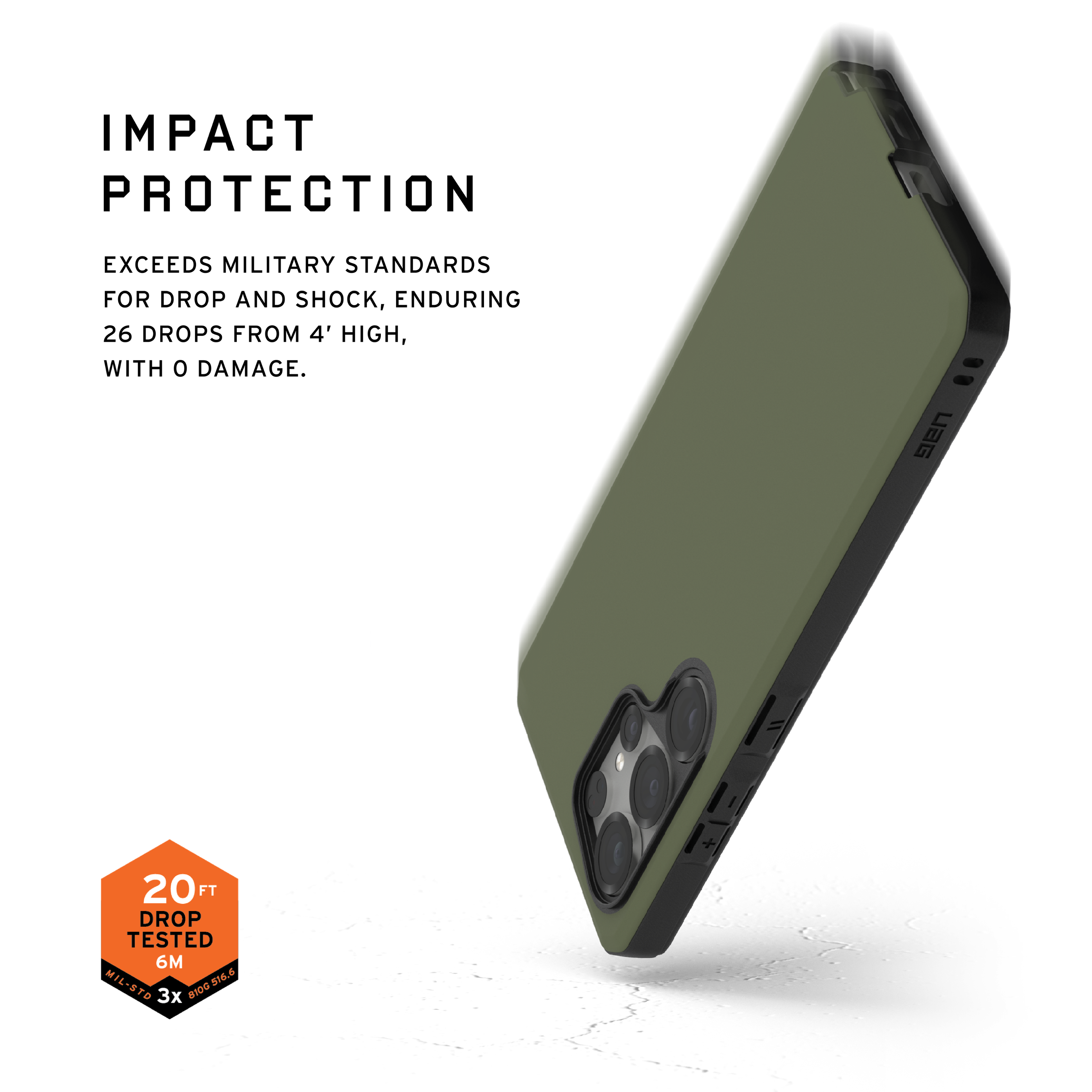 The text on the image reads "Impact Protection: Exceeds Military Standards for Drop and Shock, Enduring 26 Drops from 6' High, with Damage." This indicates that the case has been tested to withstand a significant amount of impact and is designed to protect the device from potential damage during drops.