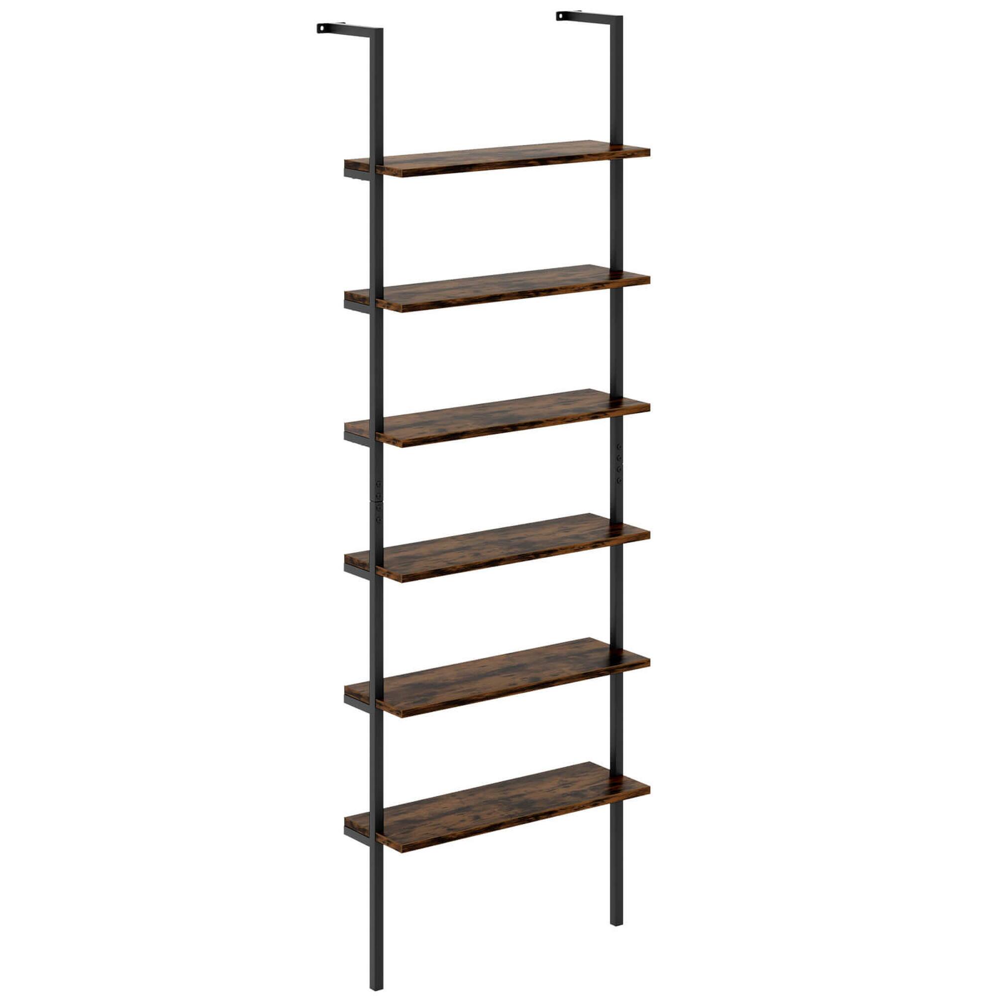 Alt View 8. Costway - Costway 6-tier Ladder Shelf 72 Inches Industrial Wall Mounted Bookshelf Brown - Rustic Brown.