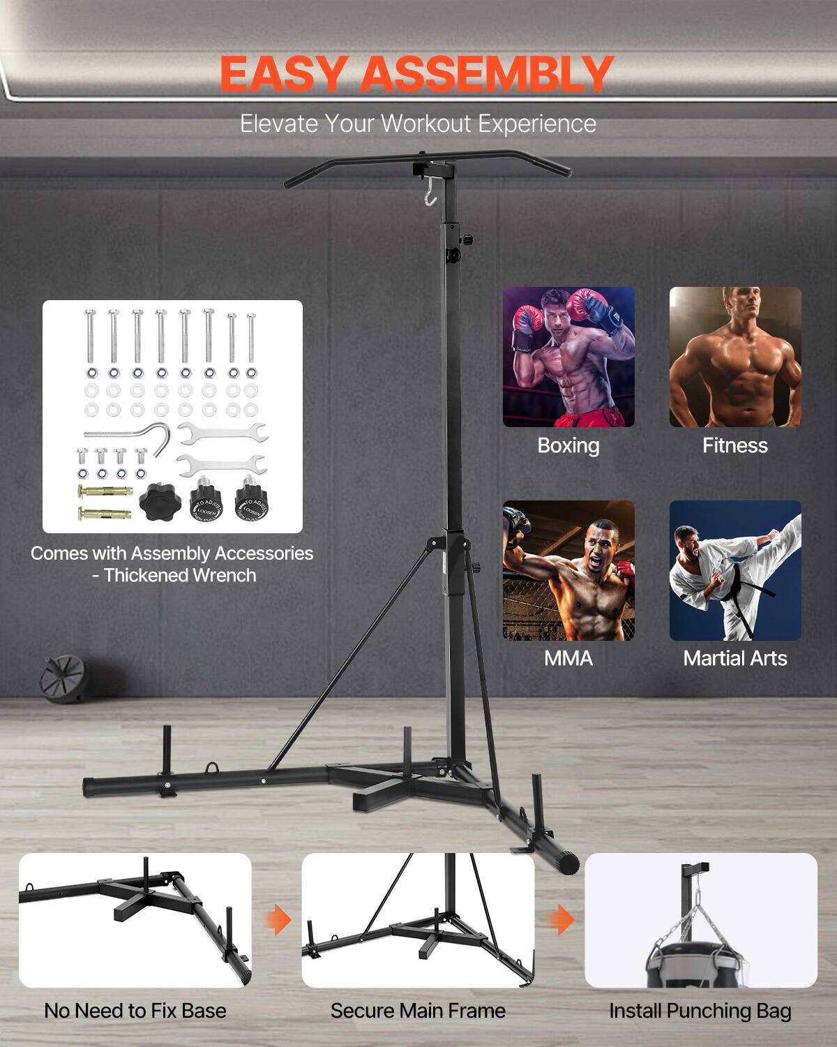 EASY ASSEMBLY Elevate Your Workout Experience

Comes with Assembly Accessories - Thickened Wrench

Boxing Fitness MMA Martial Arts

No Need to Fix Base Secure Main Frame Install Punching Bag