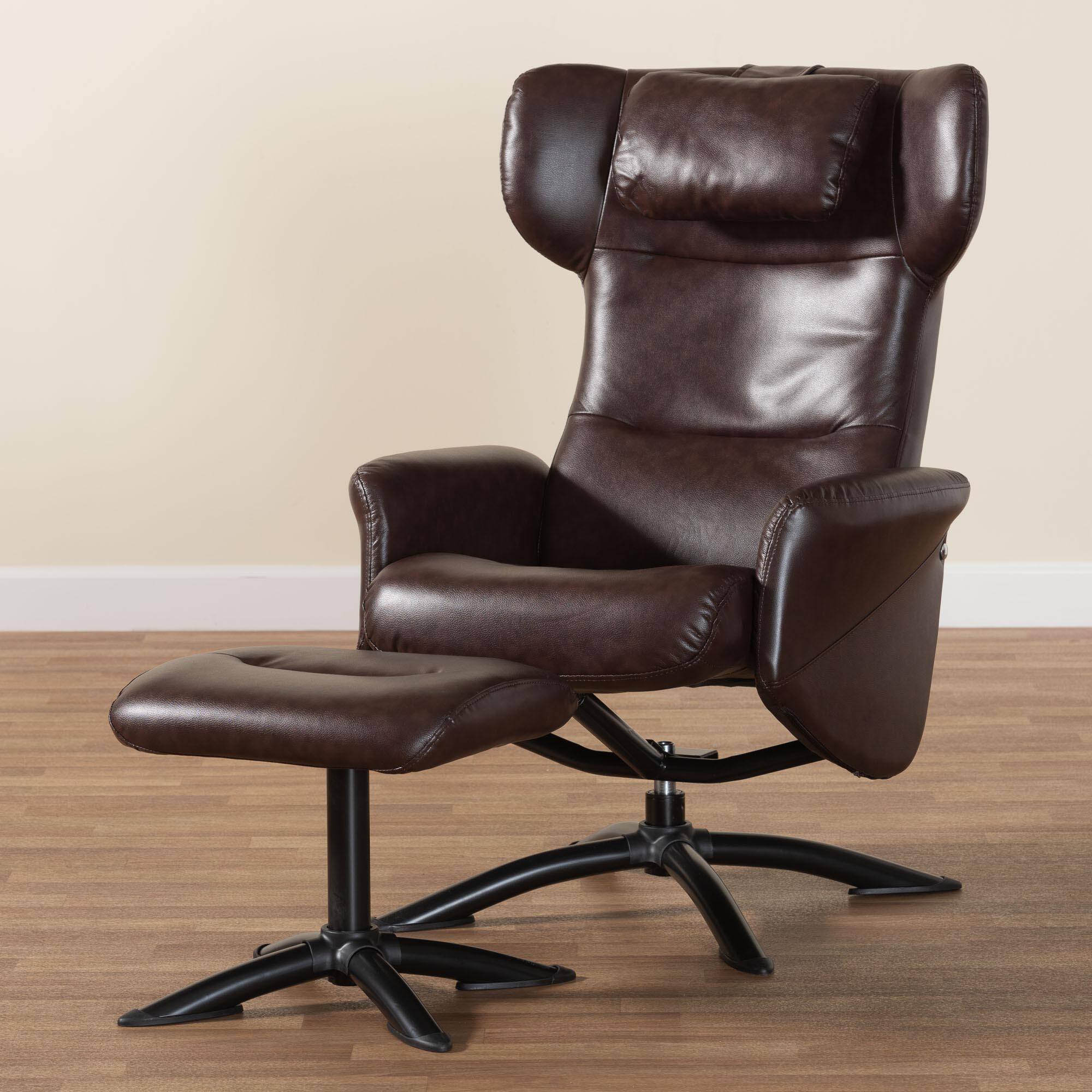 Alt View 9. Baxton Studio - Elwood Modern Faux Leather 2-Piece Lounge Chair and Footrest Set - Dark Brown/Black.