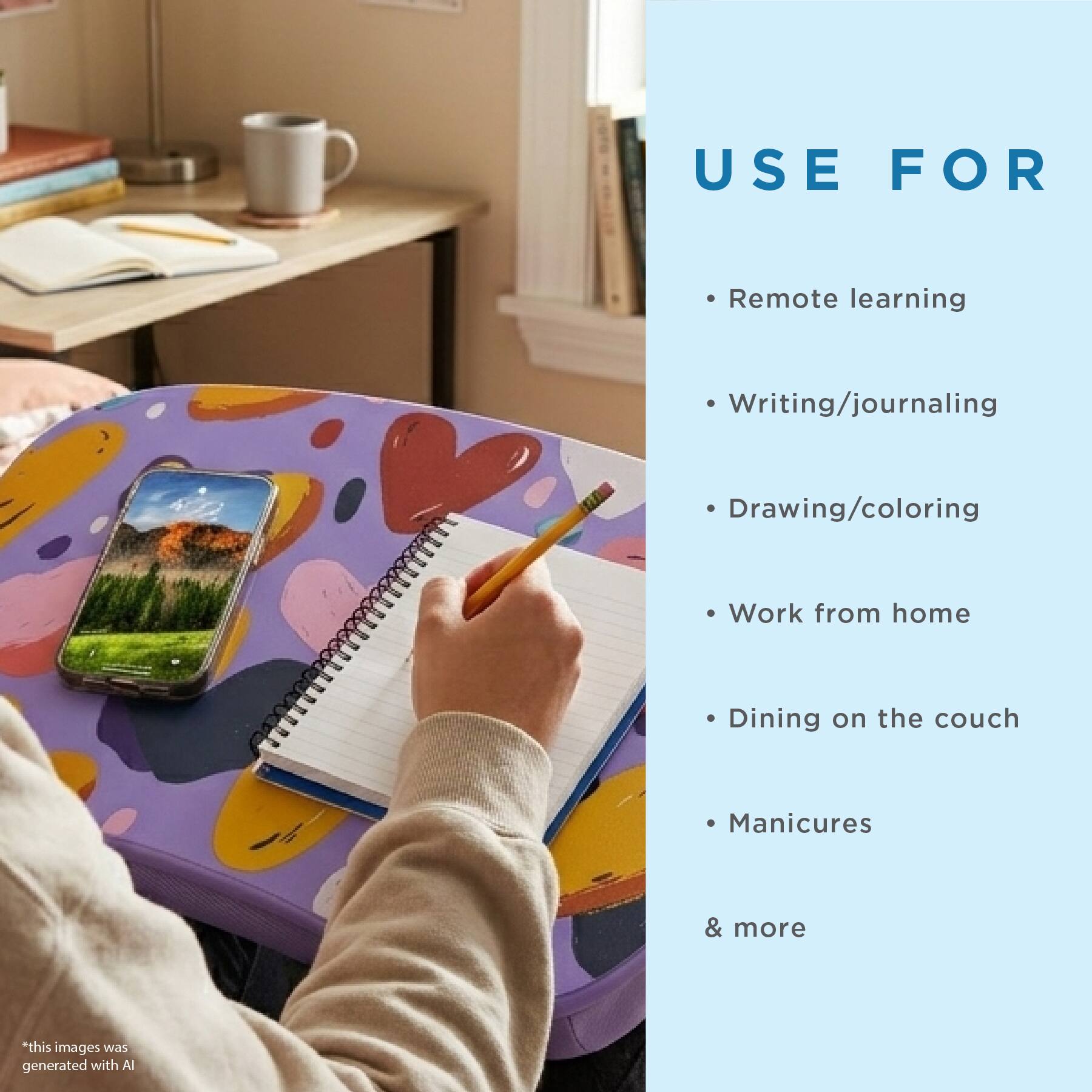USE FOR

- Remote learning
- Writing/journaling
- Drawing/coloring
- Work from home
- Dining on the couch
- Manicures
- & more

*this image was generated with AI